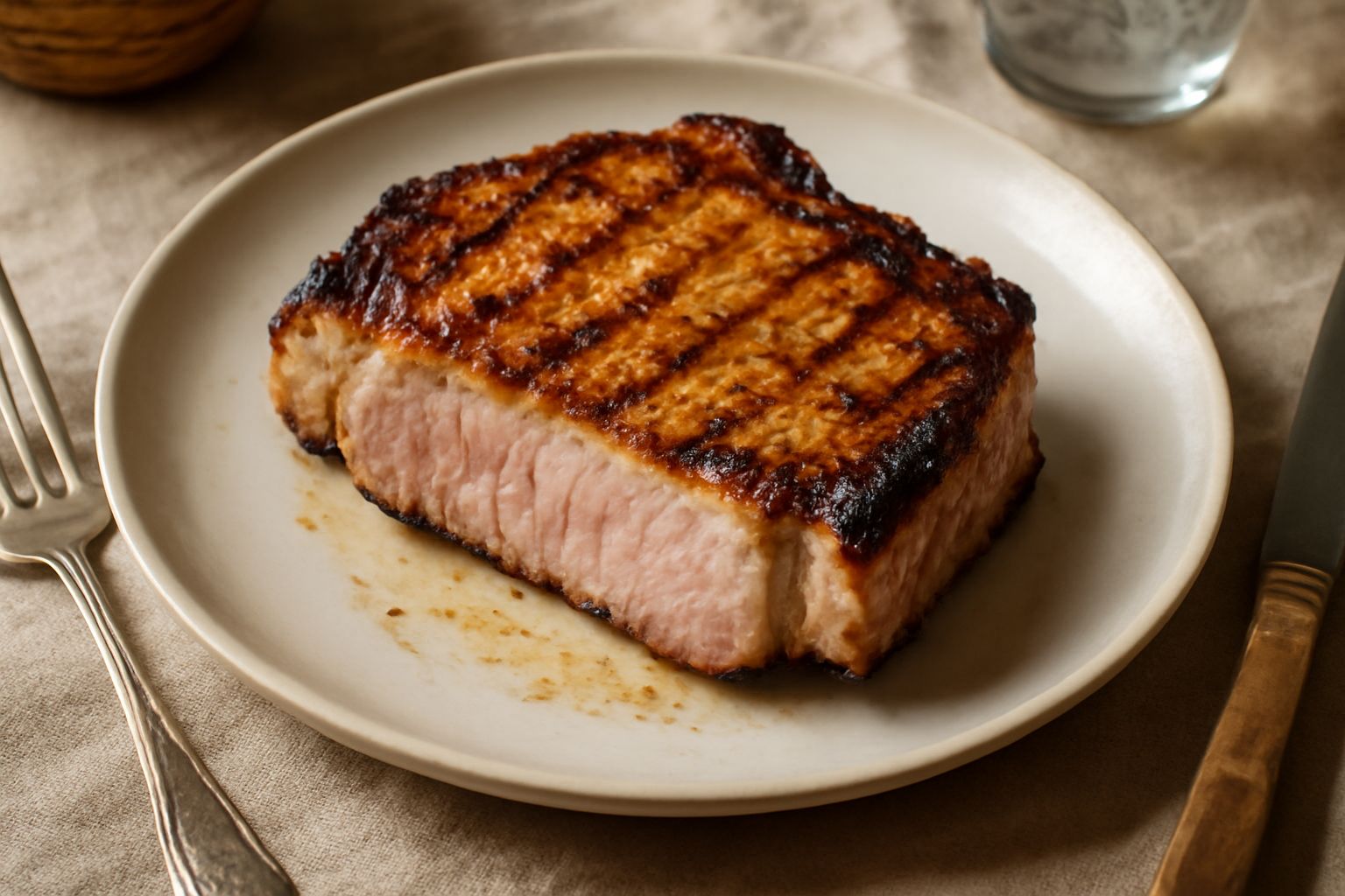Fette di maiale grigliate sulla brace, con crosticina marrone scuro e striature affumicate, carne rosea all'interno, appoggiate su una griglia in ferro con fumo visibile