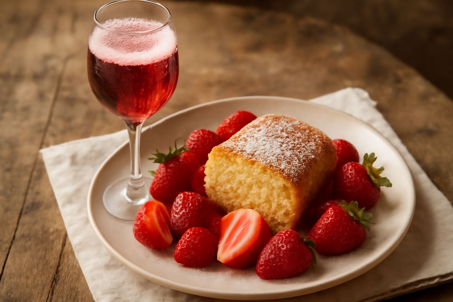 Calice di Brachetto d'Acqui con spuma rosata, vino frizzante color rubino chiaro in bicchiere trasparente, servito su tavolo bianco con fragole fresche accanto