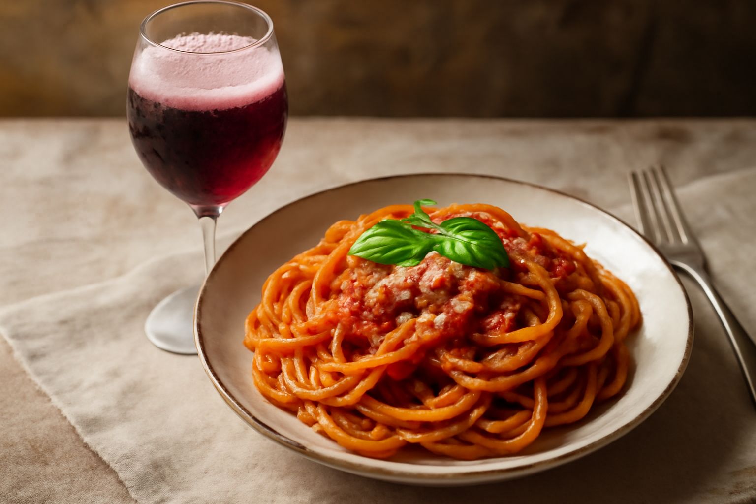 Calice di cristallo con Brachetto d'Asti rosso intenso e frizzante, con spuma compatta in cima, su tavolo bianco con fragole fresche e biscotti accanto, sottofondo sfocato di cantina rustica