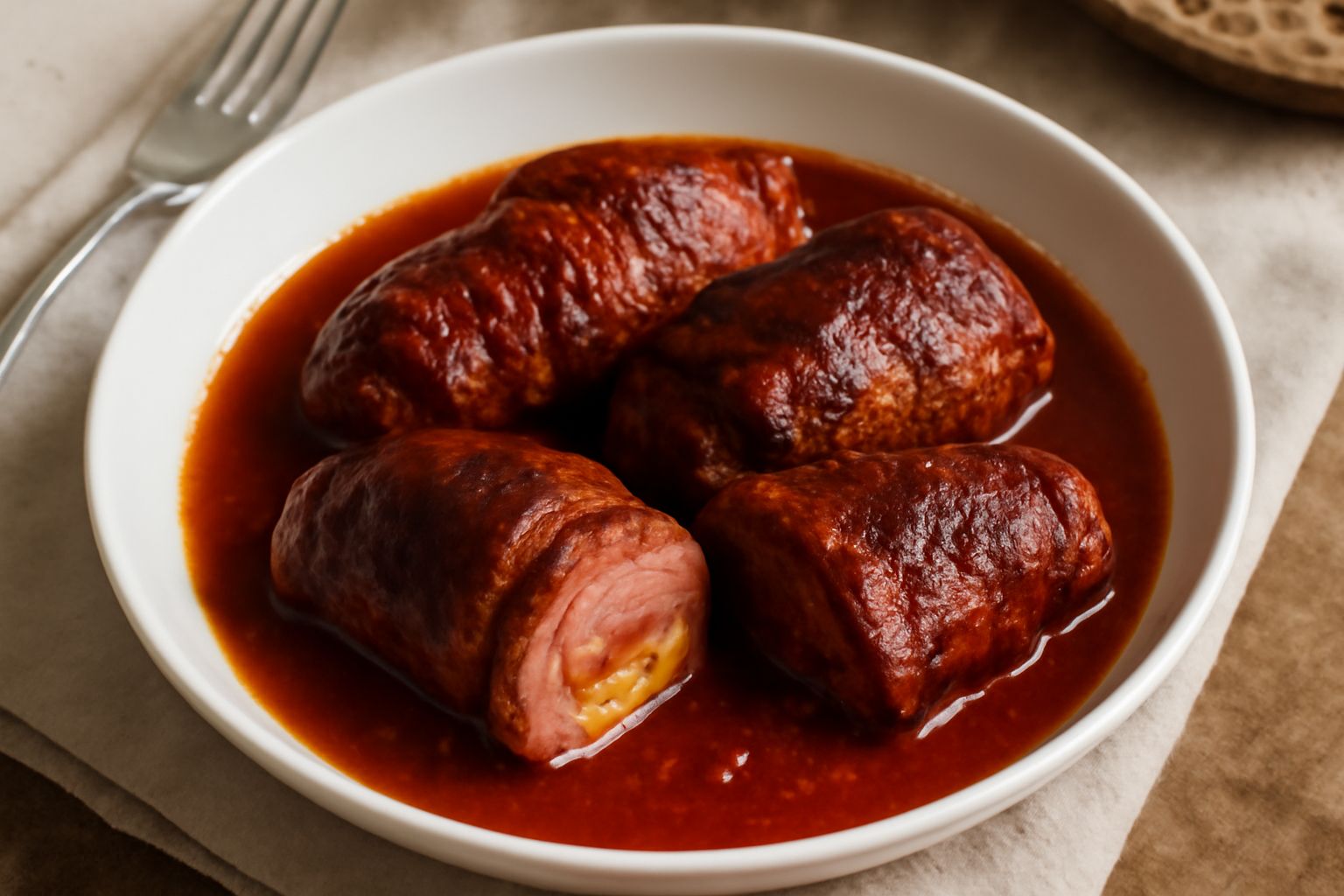 Braciole dorate e morbide in un piatto bianco, coperte di ragù rosso scuro, con fette di cipolla caramellata, accompagnate da prezzemolo fresco tritato sui bordi