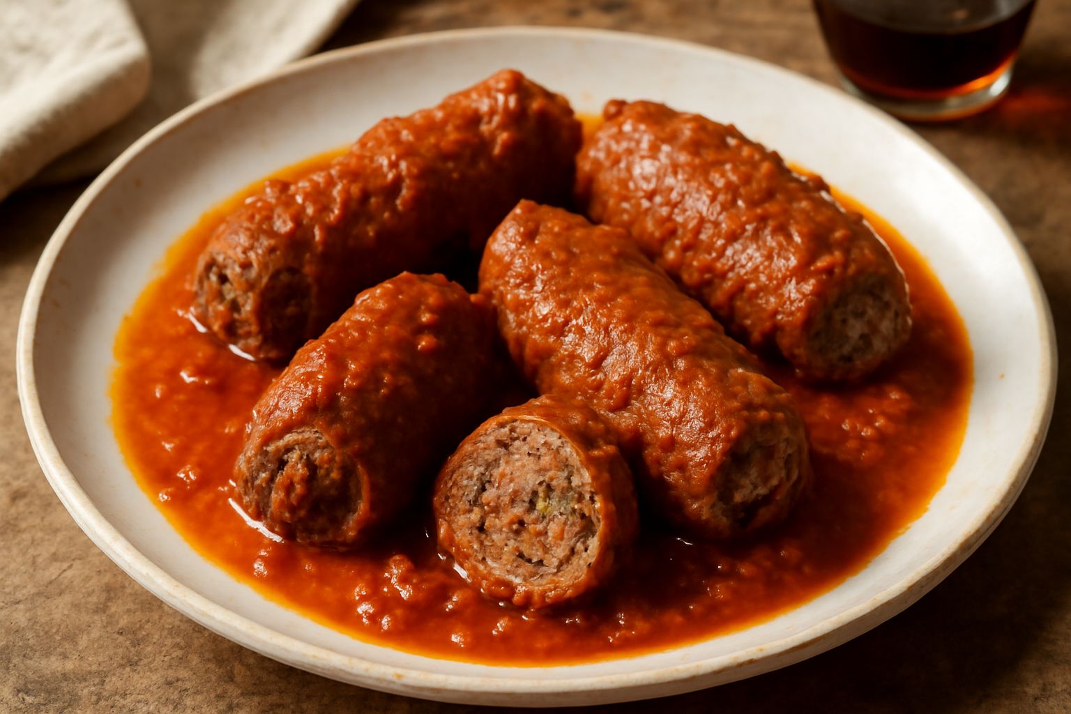 Tre braciole marrone scuro in un piatto fondo bianco, coperte da ragù rosso bruno, con qualche rametto di prezzemolo fresco. Sullo sfondo una pentola di coccio con il ragù ancora fumante.