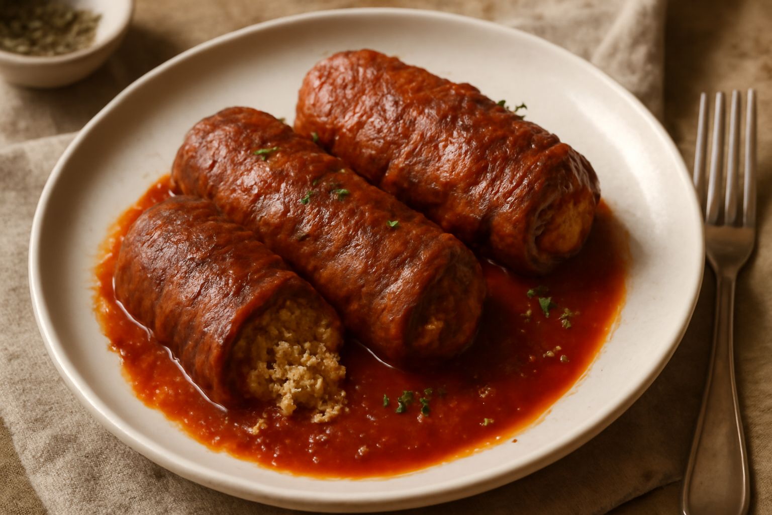 Tre braciole avvolte in un piatto fondo bianco con sugo rosso denso di pomodoro, pepe nero visibile, ripieno di pangrattato che emerge dai lati, accompagnate da un cucchiaio di legno