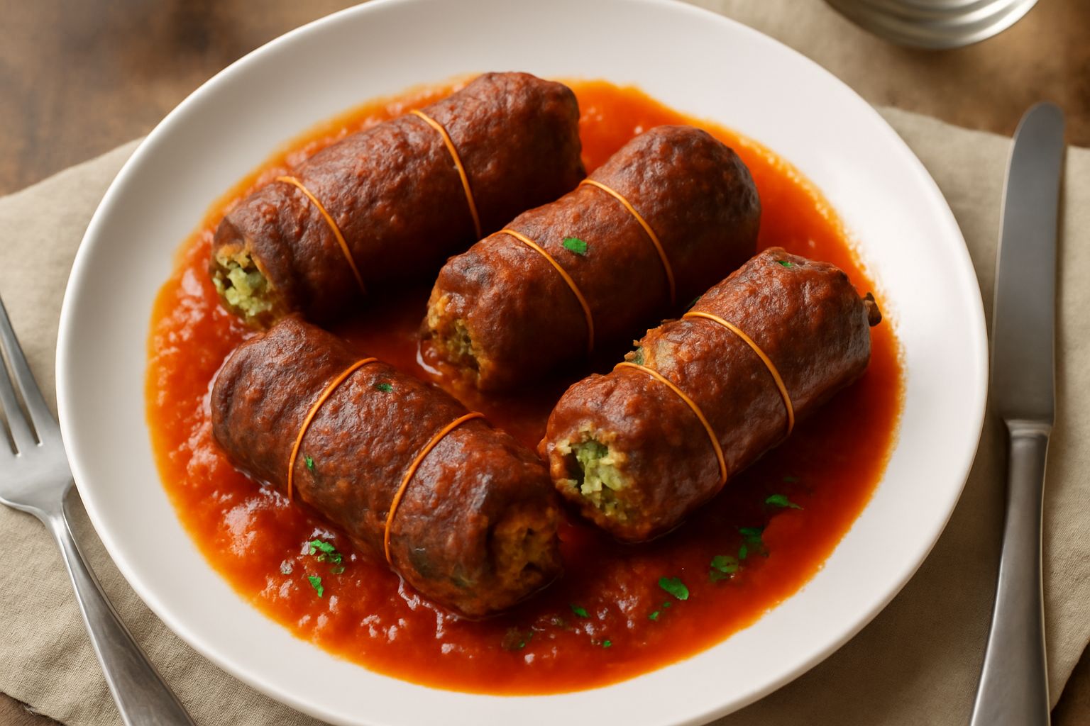 Braciole alla messinese in un piatto bianco, involtini rosso brunastri di carne legati con spago, con salsa di pomodoro e prezzemolo verde intorno, contorno di pane tostato.