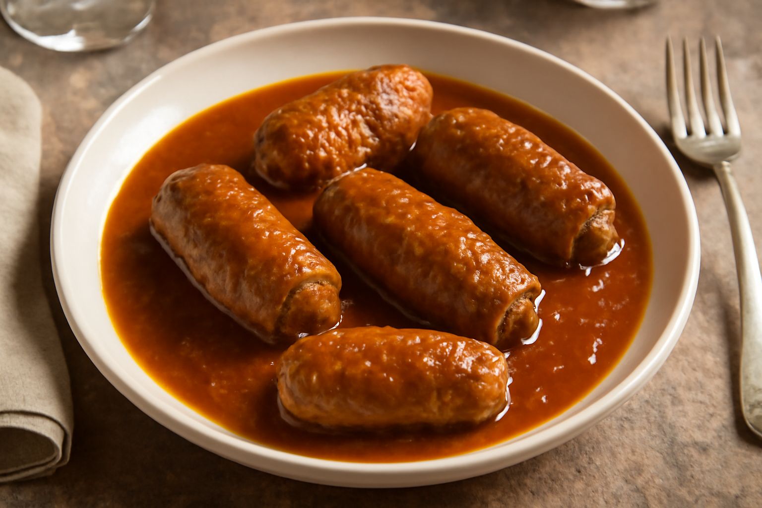 Quattro braciole di carne riposte in un piatto fondo, ricoperte di sugo marrone rossiccio a base di pomodori, con cipolla soffritto visibile, pepe nero macinato in superficie, accanto fette di pane to