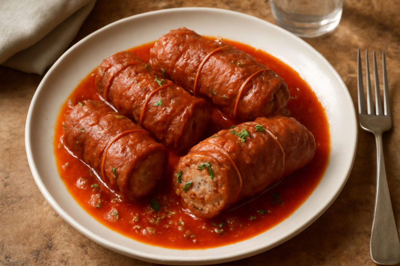 Braciole rotolate e chiuse, dorate e immerse in sugo di pomodoro rosso vivo, servite in un piatto bianco con prezzemolo fresco e accompagnate da pane tostato