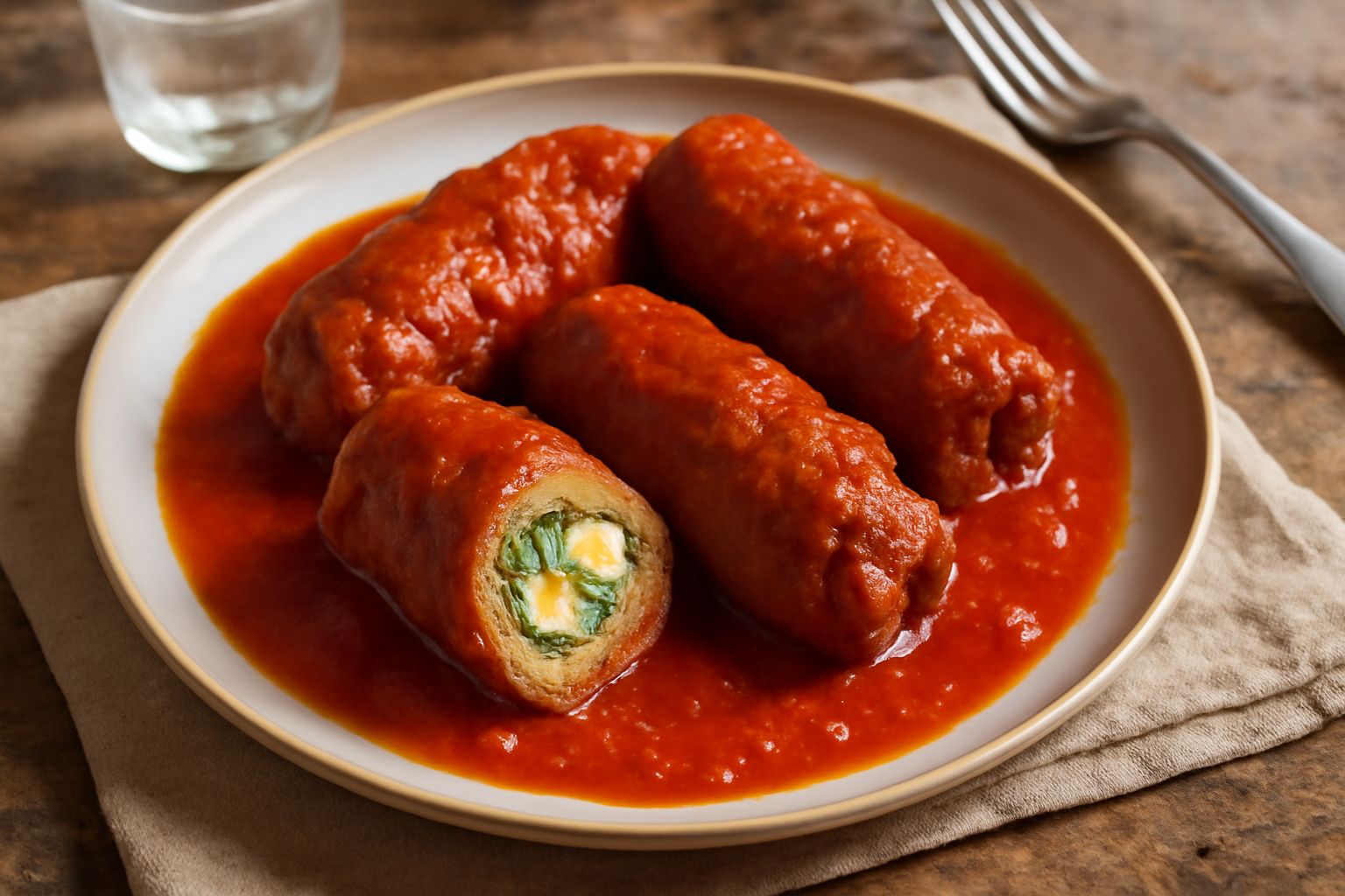 Braciole alla sulmonese in un piatto bianco, immerse nel sugo di pomodoro rosso intenso, con il ripieno di formaggio e uovo visibile dal taglio, circondate da prezzemolo fresco verde