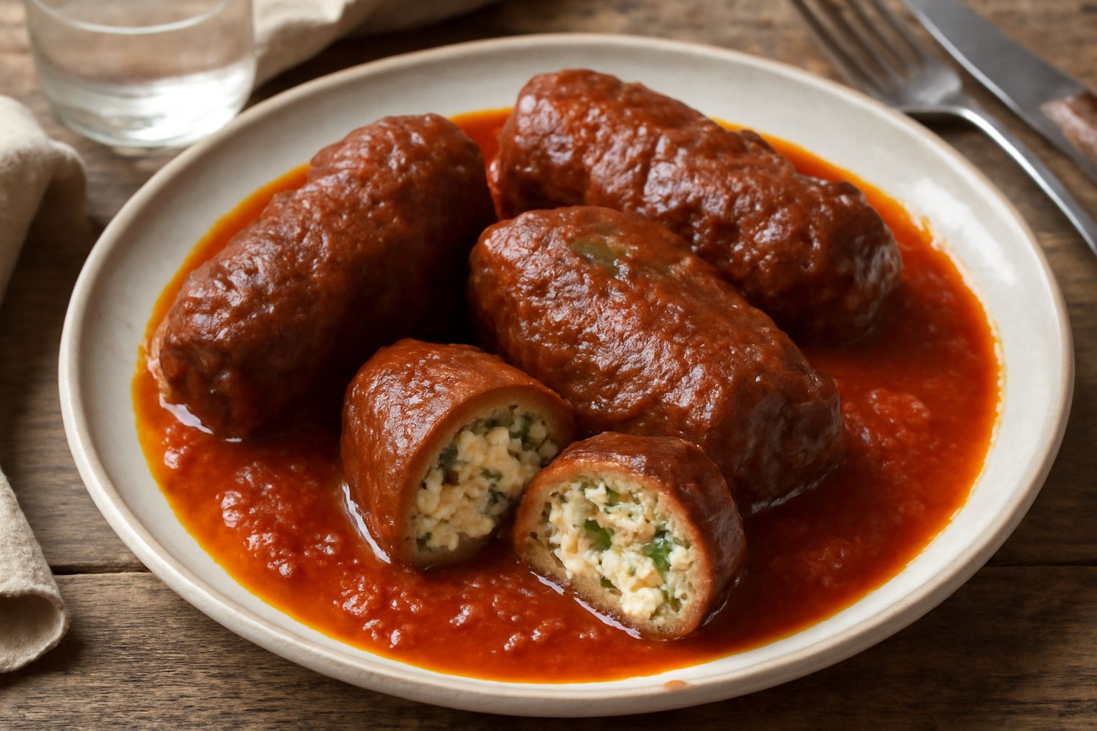 Braciole alla vibonese su un piatto bianco con sugo di pomodoro rosso scuro, ripieno visibile in sezione, accompagnate da prezzemolo fresco e pepe nero