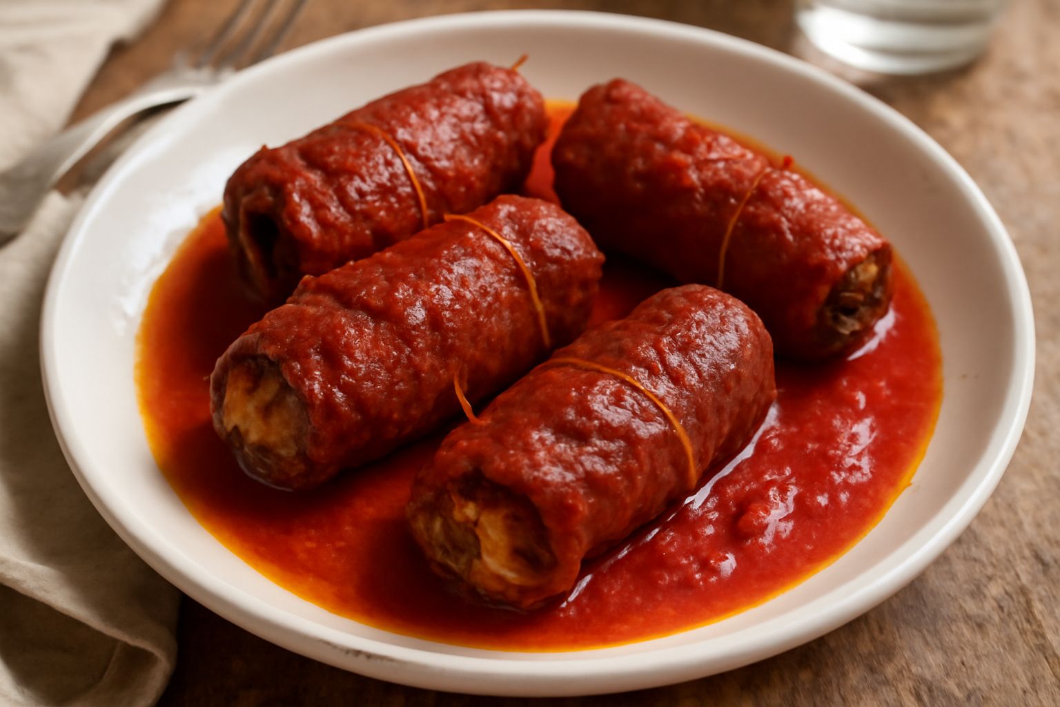 Tre braciole arrotolate servite in un piatto bianco con sugo di pomodoro rosso acceso, contorno di purè bianco e prezzemolo verde fresco decorato
