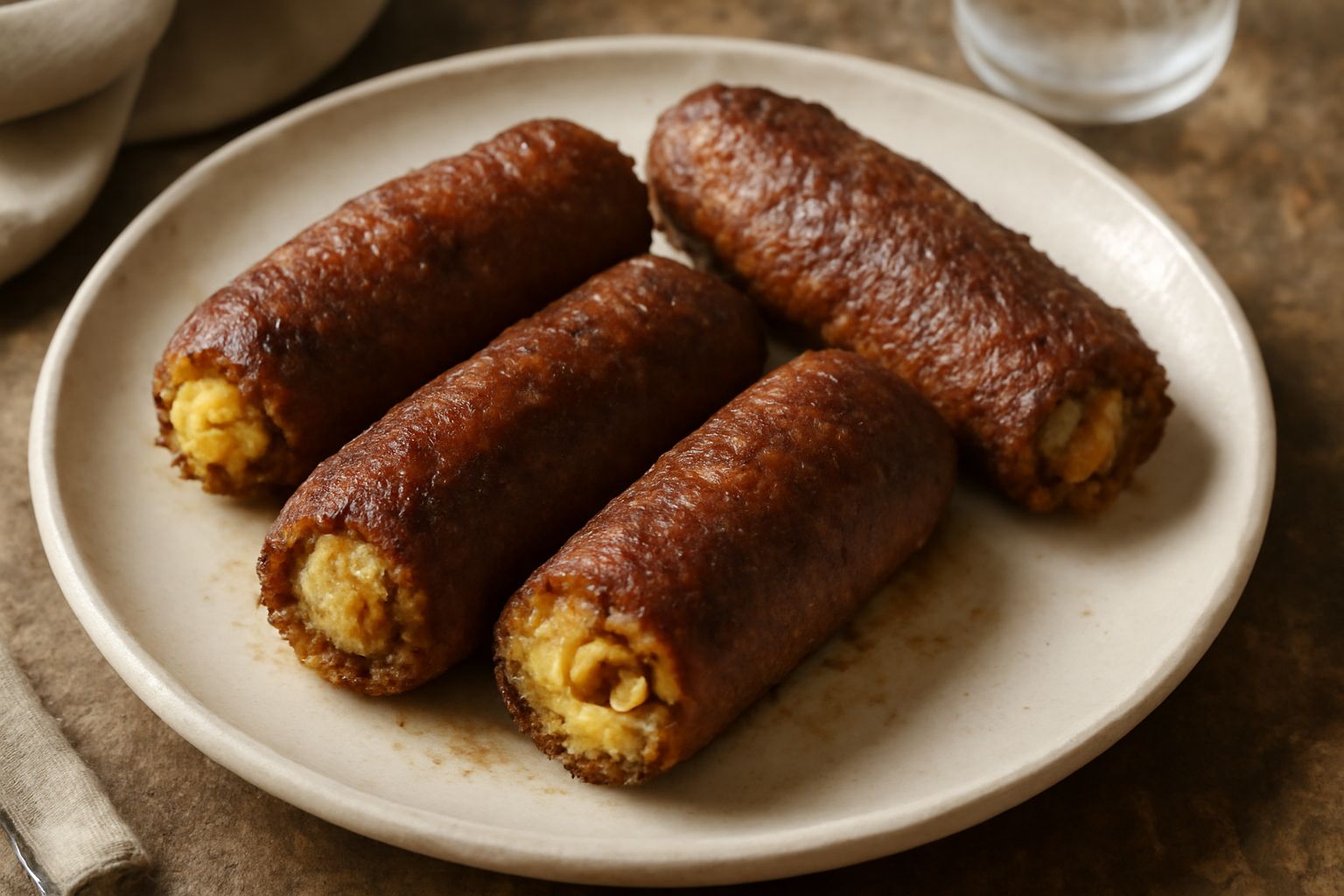 Tre braciole catanesi dorate in salsa di pomodoro scuro, ripieno visibile dai bordi, guarnite con pinoli e uvetta, su un piatto bianco con sugo fumante