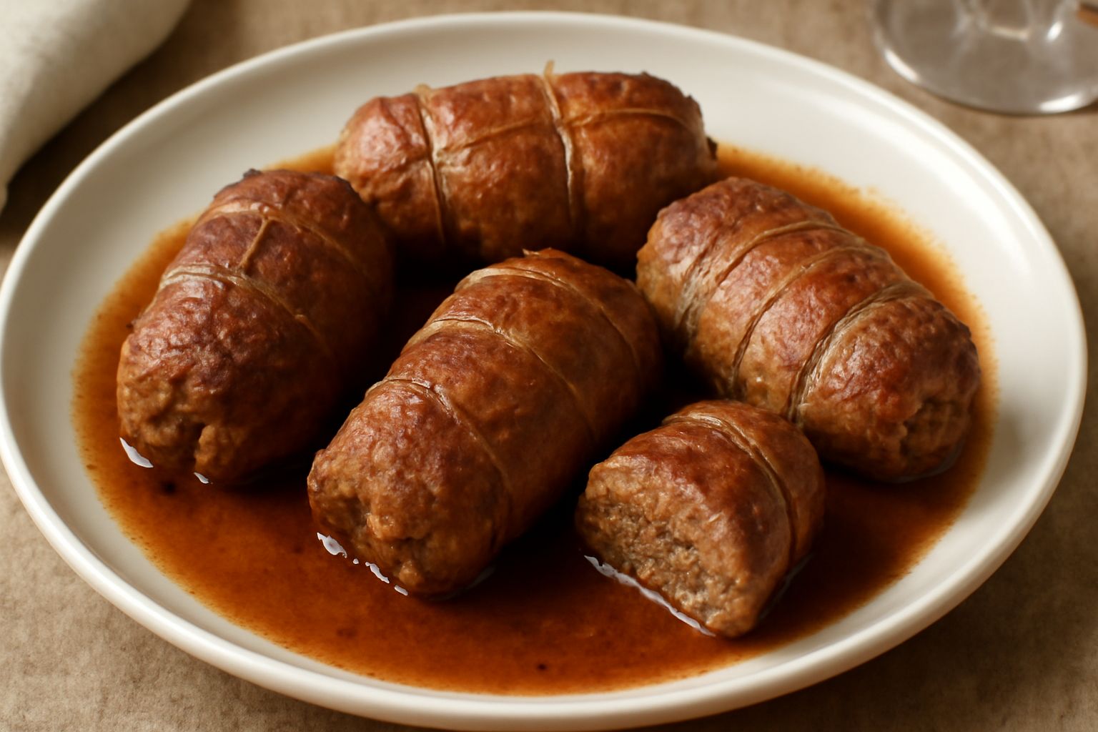 Quattro braciole di carne dorate e avvolte con spago da cucina, disposte in una pirofila di ceramica bianca con sugo rosso-brunastro, contorno di prezzemolo fresco