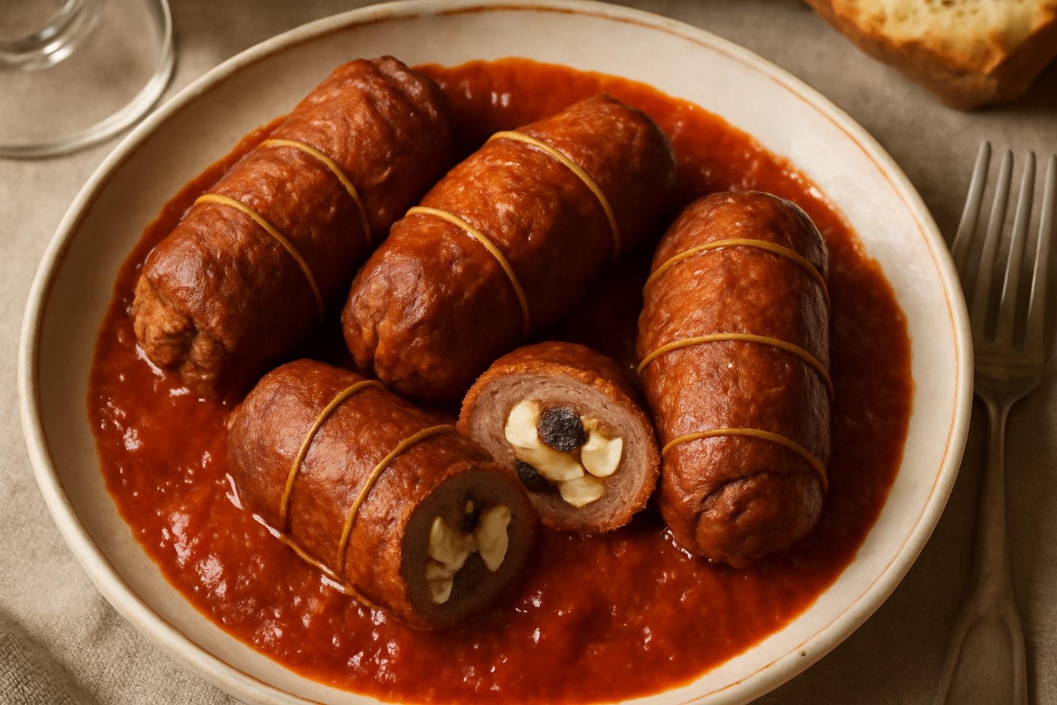 Braciole di cavallo arrotolate e legate con spago, dorate in una pentola di ghisa, circondate da sugo di pomodoro rosso scuro, con una spruzzata di prezzemolo fresco verde