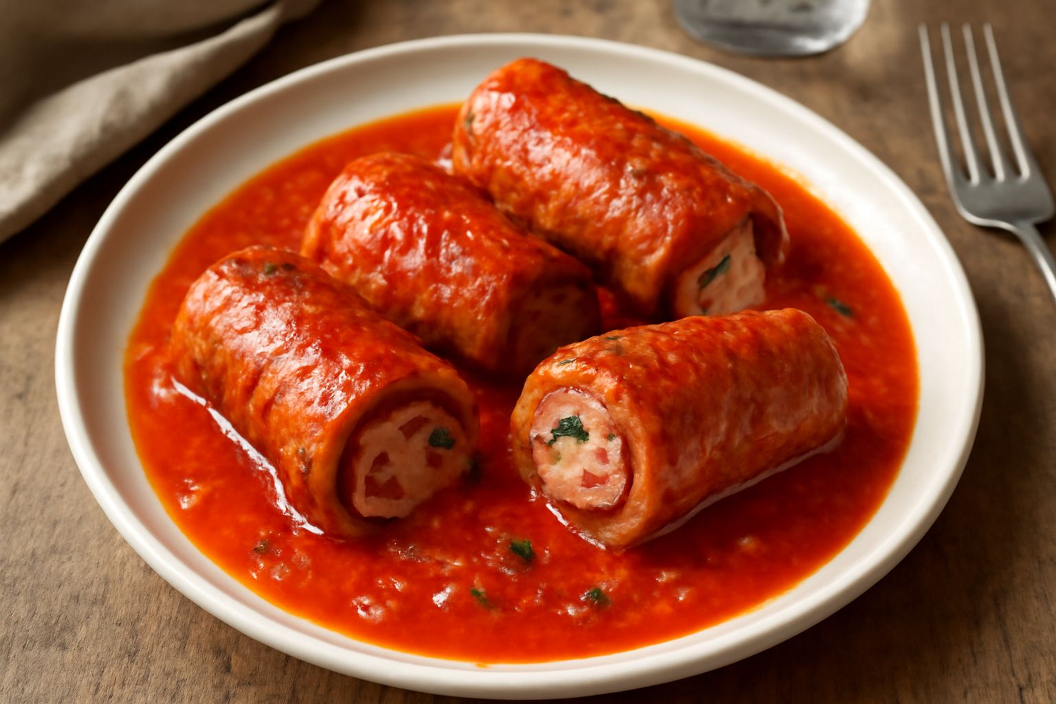 Quattro braciole di maiale cotte in umido, dorate e lucide di sugo rosso, disposte su un piatto bianco con contorno di prezzemolo fresco