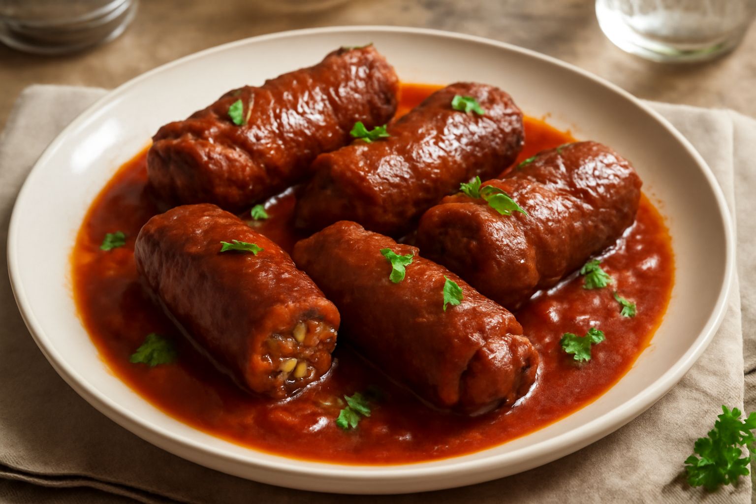 Braciole di manzo arrotolate e legate con spago, brunastre e lucide, adagiate in un piatto bianco con sugo di pomodoro denso e frammenti di prezzemolo fresco