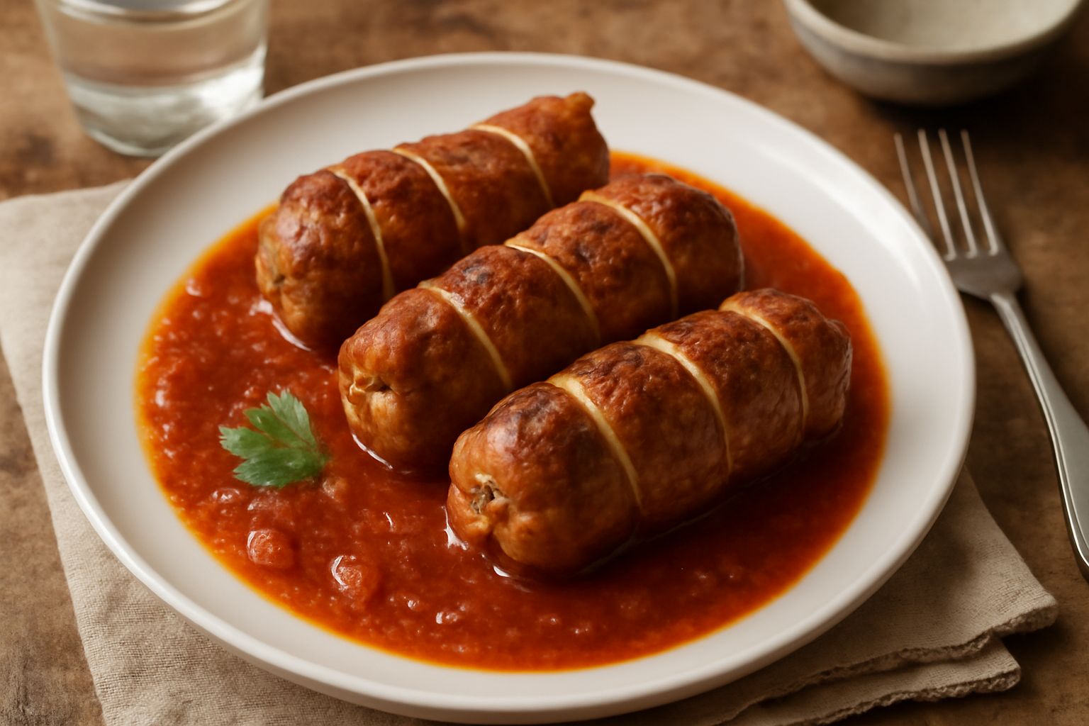 Tre braciole di vitella legate con spago, disposte su un piatto bianco, ricoperte di salsa di pomodoro densa e rosso scuro, con prezzemolo fresco spolverato sopra.