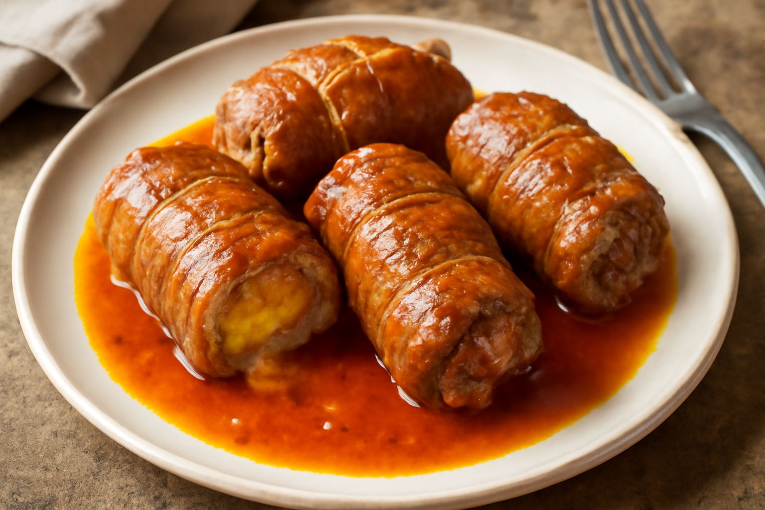 Tre braciole di vitello dorate e lucide poggiate su un piatto bianco con sugo marrone scuro, guarnite con prezzemolo fresco, contorno di pomodori piccoli rossi e pane tostato