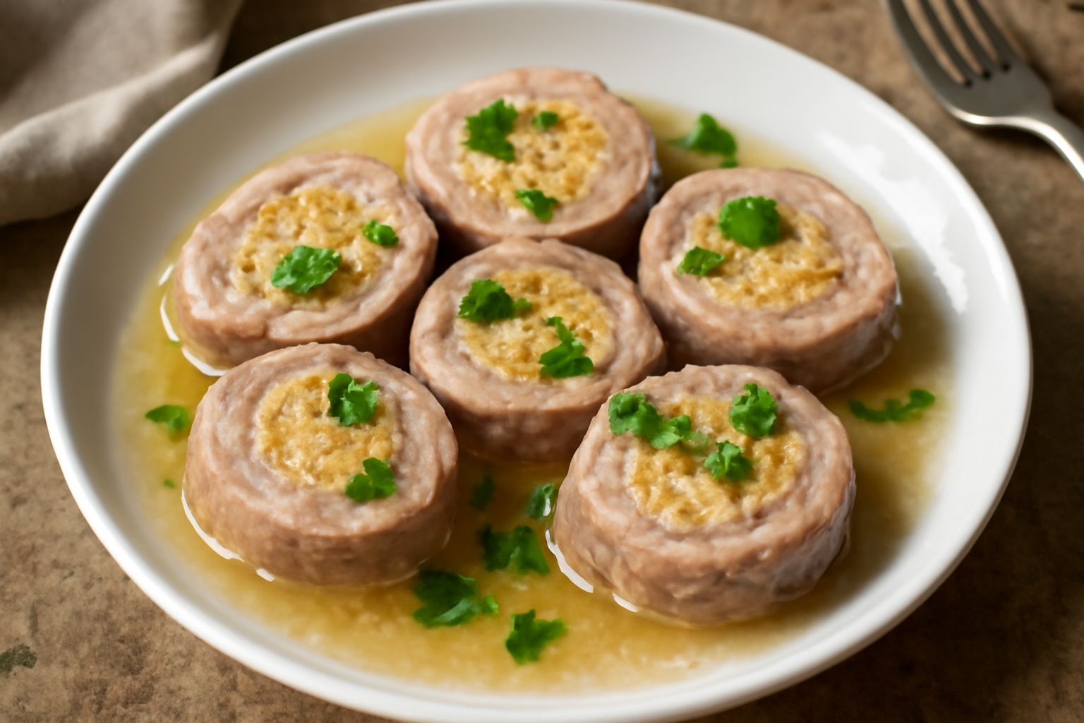 Braciole fredde tagliate a rondelle, disposte su un piatto bianco con contorno di insalata mista verde e gialla, salsa di pomodoro leggera attorno, illuminazione naturale