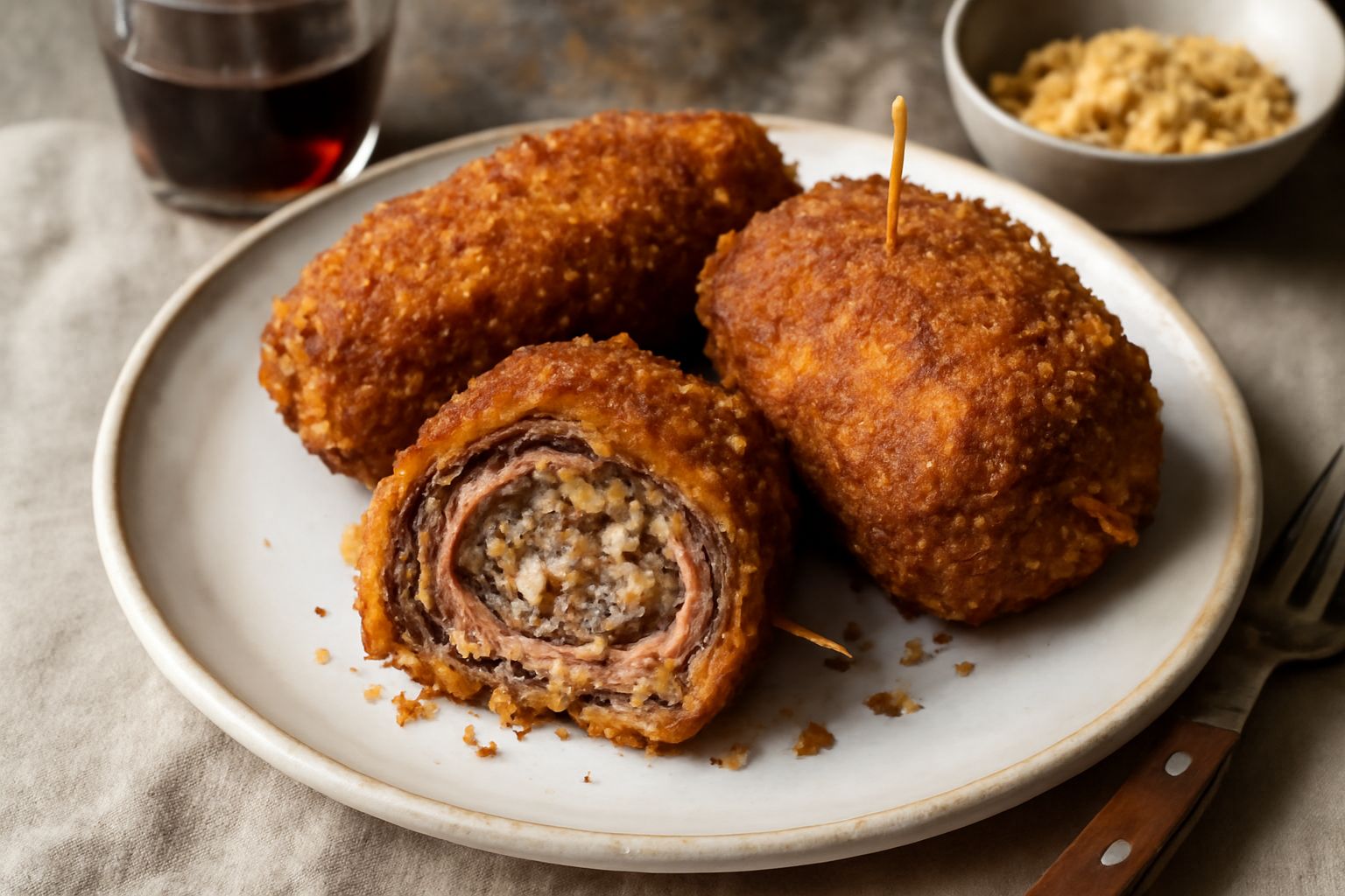 Braciole in crosta dorate e croccanti tagliate a metà su un piatto bianco, che mostrano il ripieno di carne trita e formaggio, contorno di verdure grigliate sfuocate sullo sfondo