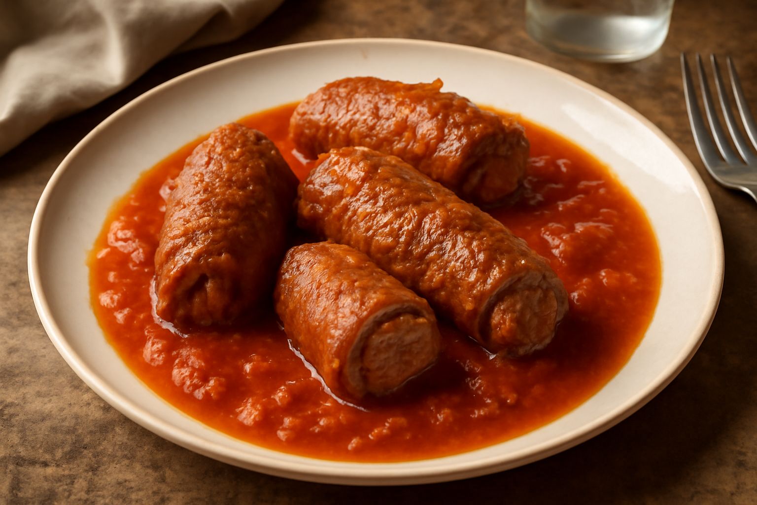 Braciole in umido adagiate in un piatto bianco fondo, ricoperte di sugo di pomodoro denso e scuro, contorni visibili di carne rosolata e trama dell'involucro, garnite con prezzemolo fresco verde.