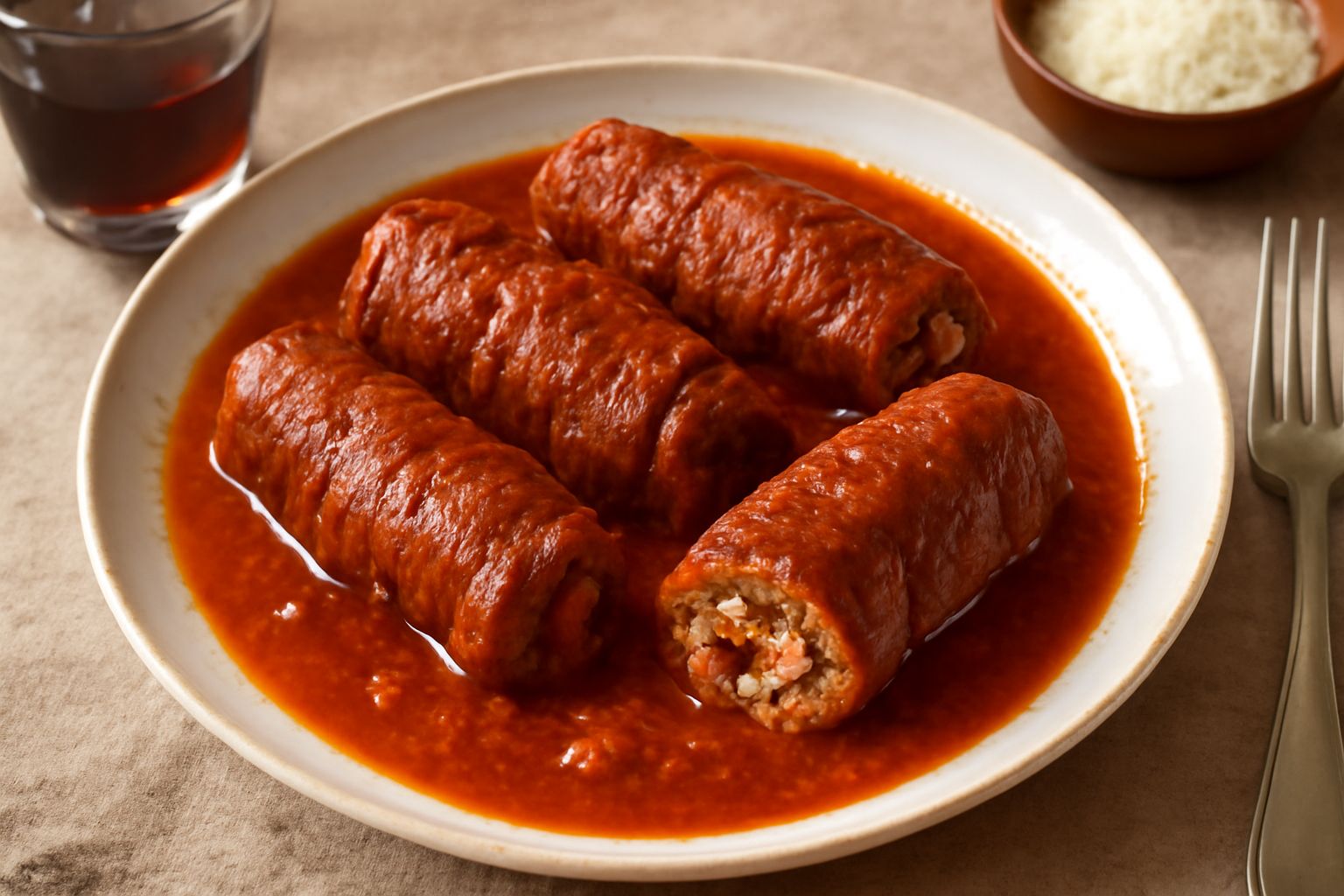 Braciole napoletane in umido nel sugo di pomodoro, tagliate a metà per mostrare il ripieno, servite in un piatto bianco fondo con salsa intorno