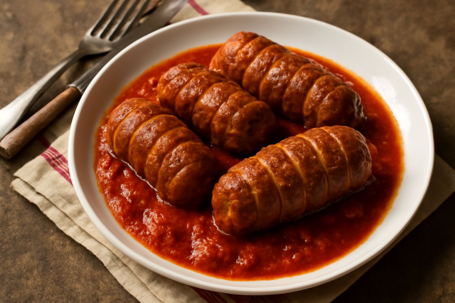 Tre braciole rigate di carne scura in un piatto bianco con sugo marrone scuro, guarnite con prezzemolo fresco, accompagnate da patate al forno dorate sul lato