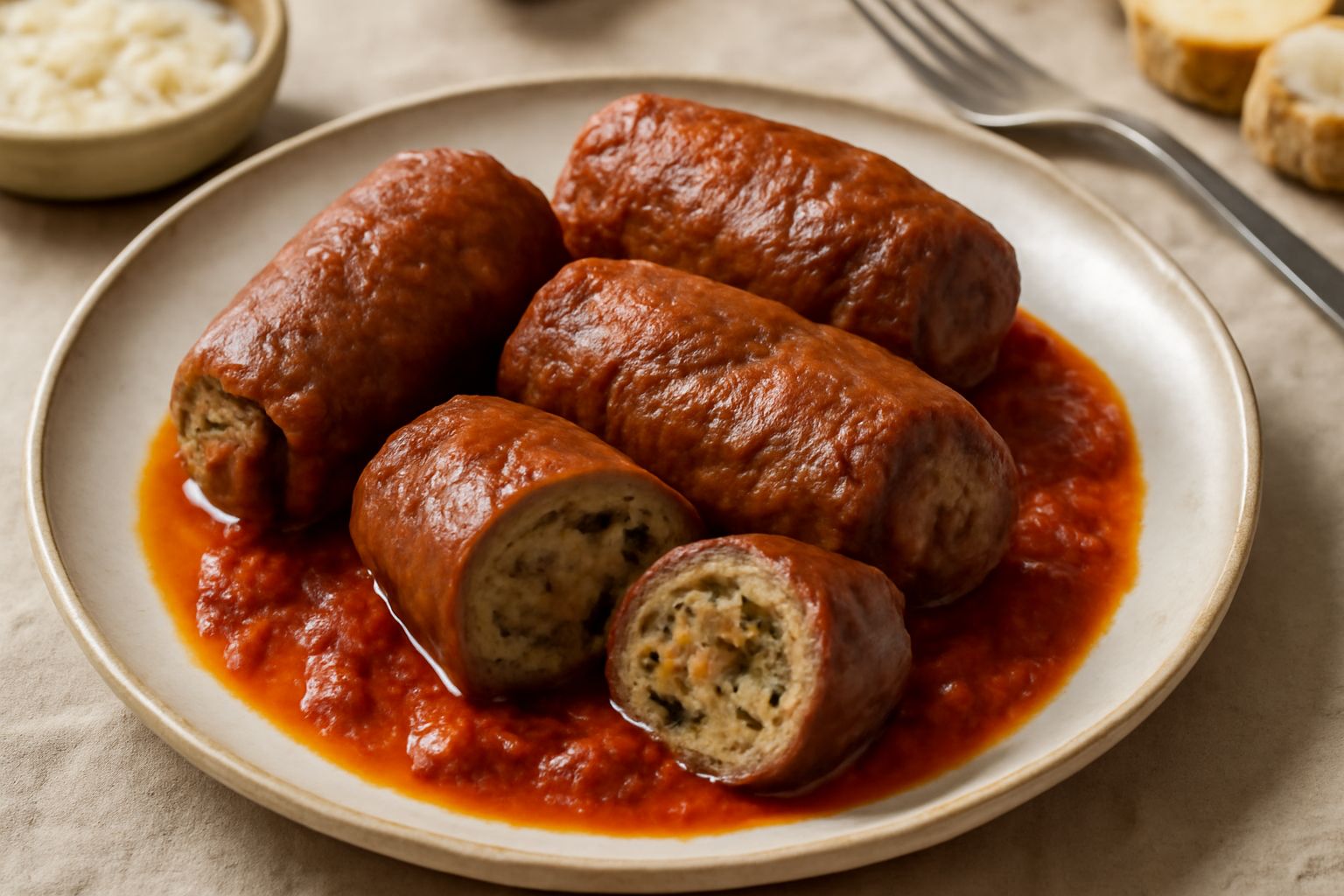Tre braciole ripiene dorate e ben sigillate su un piatto bianco, con sugo di pomodoro scuro intorno, spicchi di limone fresco e prezzemolo tritato come guarnizione