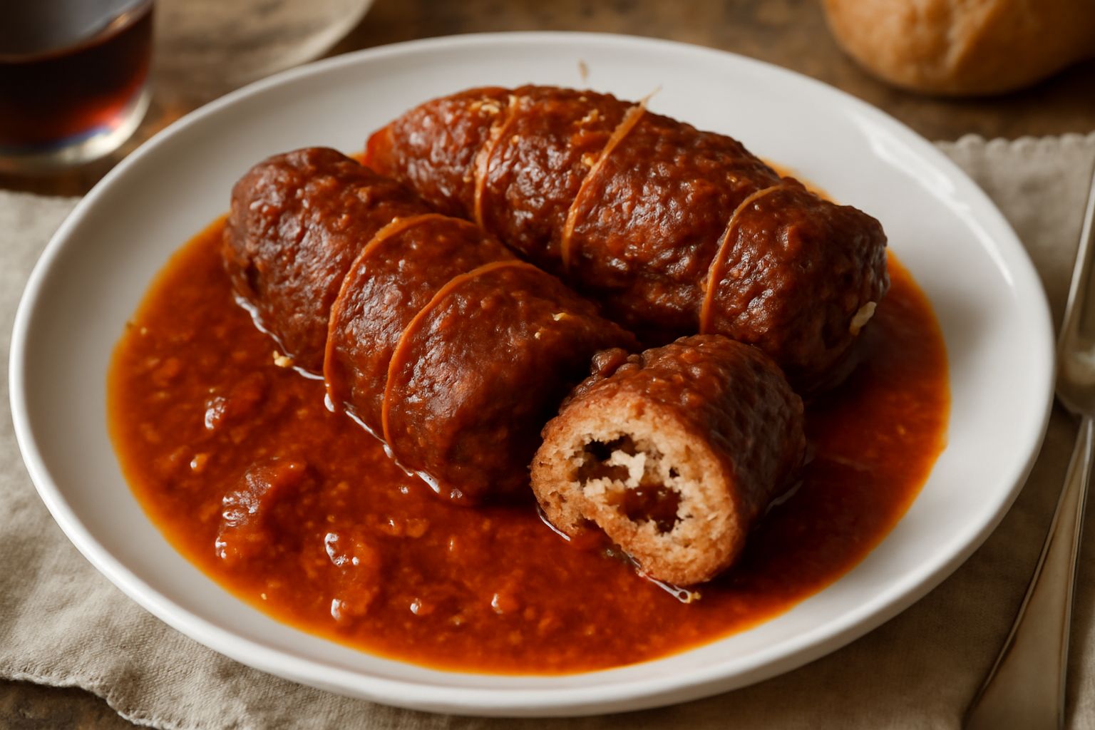 Tre braciole ripiene di carne marroni dorate, tagliate trasversalmente, che mostrano il ripieno di uvetta e pinoli, appoggiate su un piatto bianco con sugo di pomodoro intorno.
