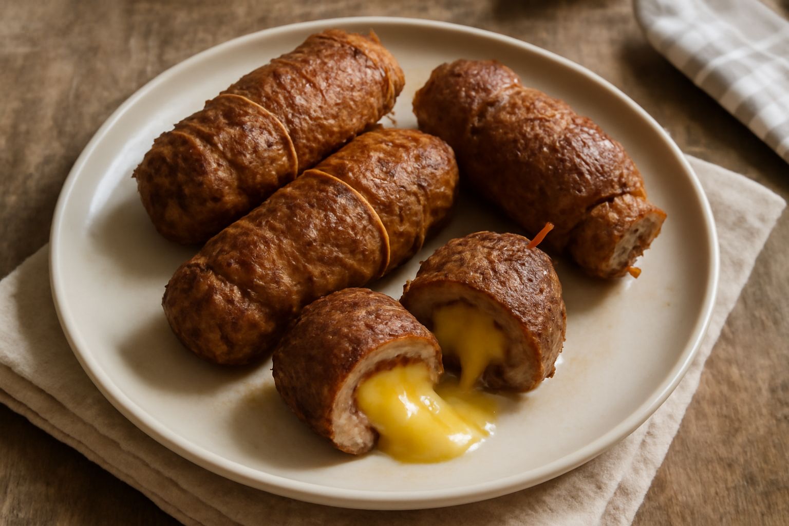 Braciole ripiene di formaggio dorate, rotolate e legate con spago, tagliate a metà per mostrare il formaggio fuso giallo al centro, servite in bianco su piatto di ceramica
