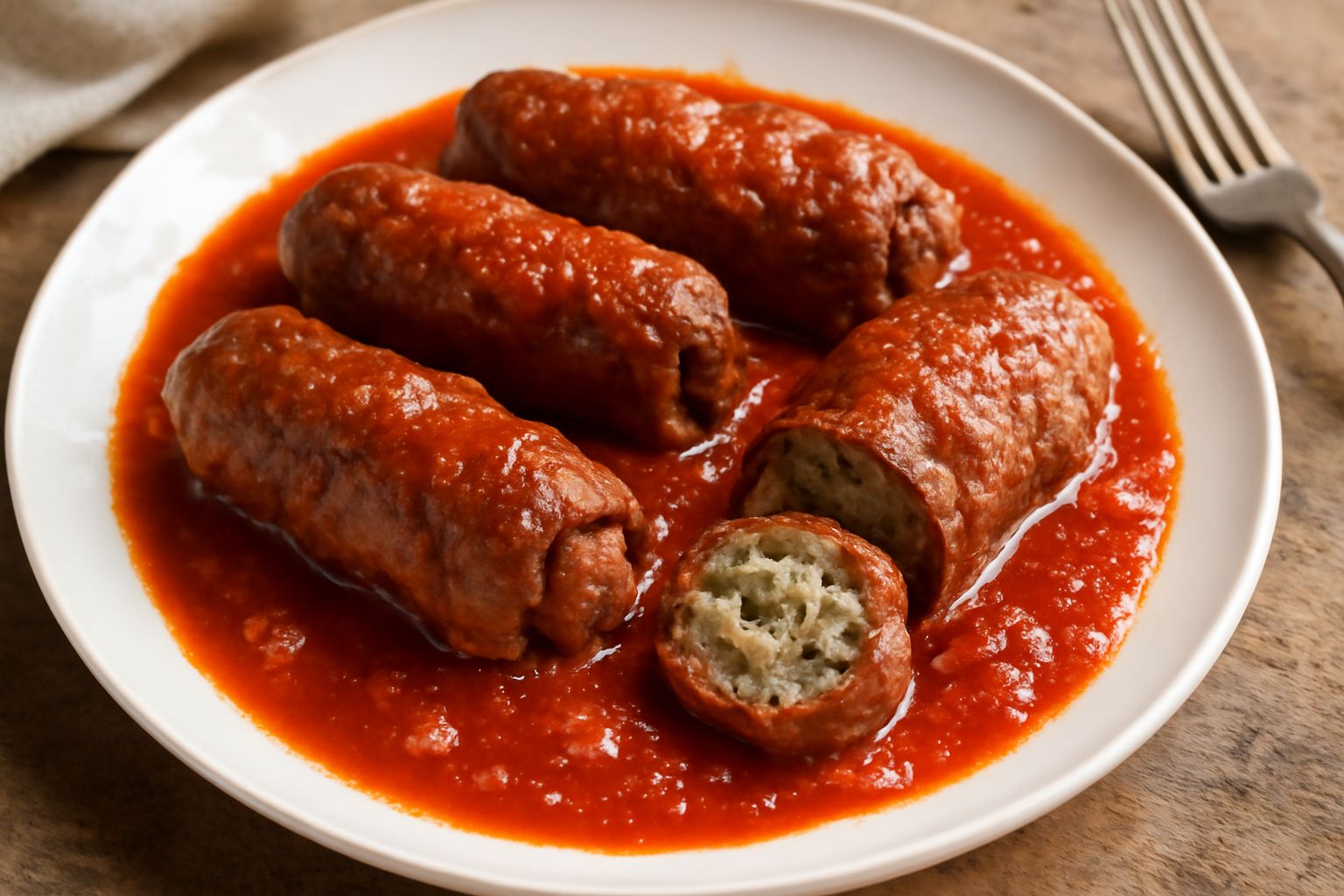 Braciole triestine in umido nel piatto bianco con salsa di pomodoro scuro, guarnite di prezzemolo verde, accanto fette di pane integrale tostato