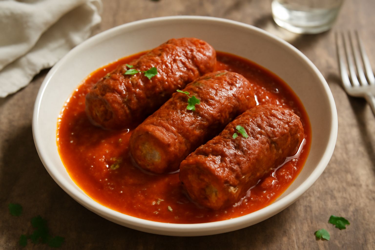 Bracioli di carne marrone scuro in salsa di pomodoro rosso acceso, guarniti con prezzemolo fresco verde, adagiati in un piatto bianco fondo su un letto di salsa