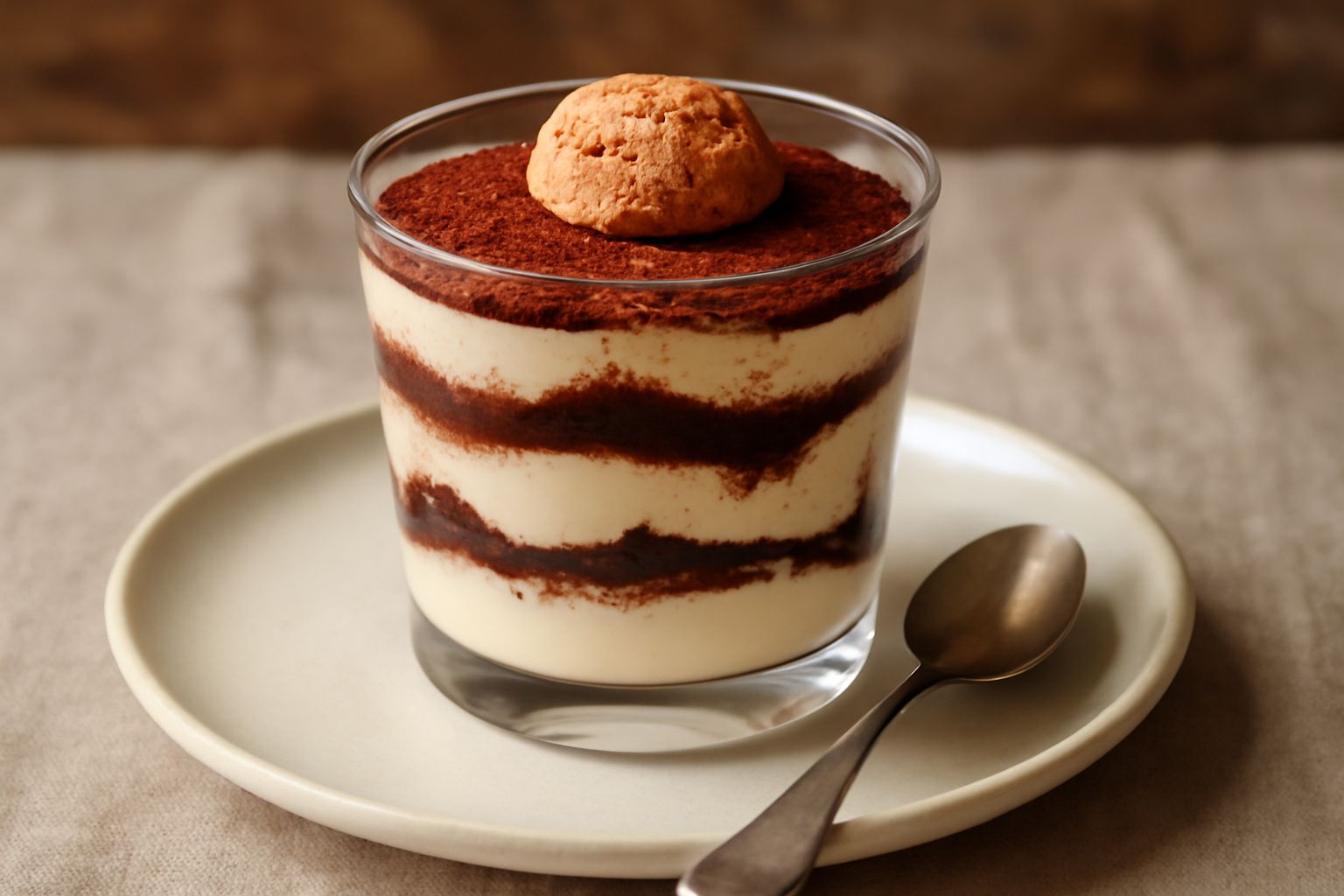 Bramaterra servito in coppa di vetro trasparente, strati alternati di crema mascarpone chiara e cacao scuro polverizzato, guarnito con un amaretto in cima e spolvero di cacao, sfondo bianco neutro