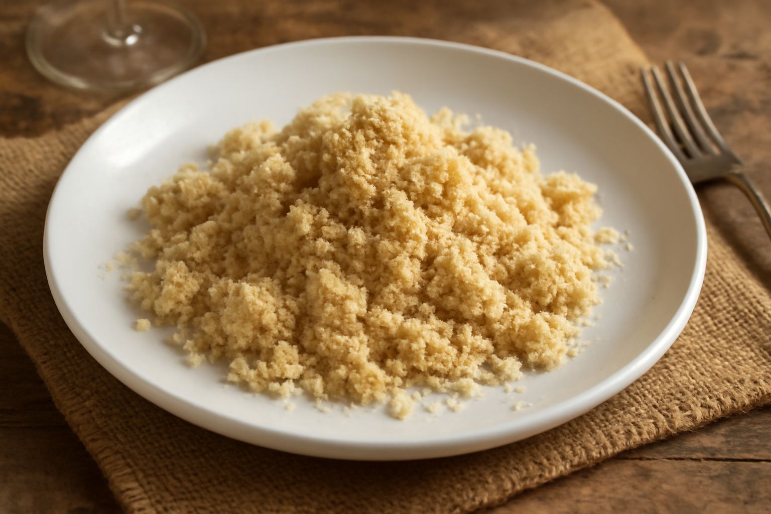 Branca di mandorla in una ciotola di vetro, di colore beige chiaro, con consistenza friabile e granulosa, circondata da mandorle sgusciate intere su una superficie bianca