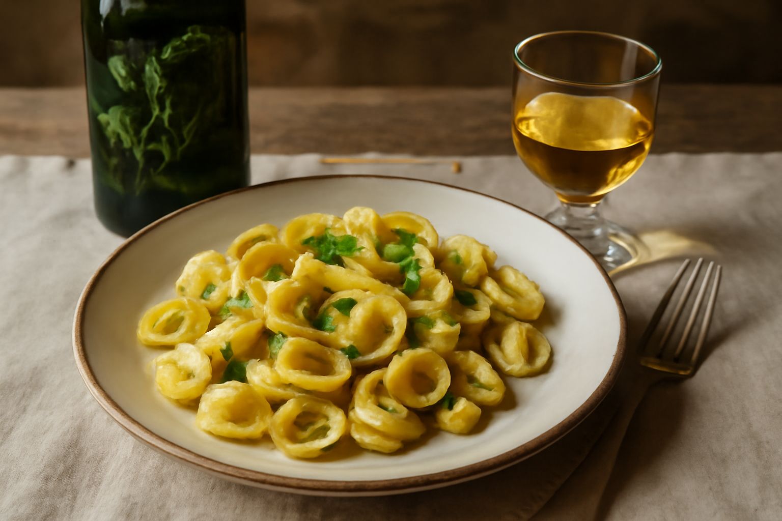 Bottiglia di vetro trasparente con liquore ambrato-dorato, foglie di menta fresca dentro, sfondo bianco neutro, servita in piccolo bicchierino, luce naturale