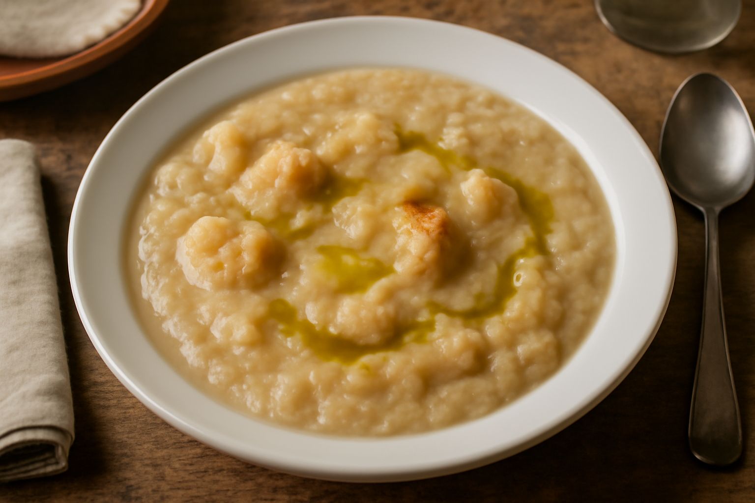 Una ciotola di branda color beige con pezzi di pane morbidi misti a cipolla dorata, condito con olio verde, servito su un piatto bianco con un cucchiaio di legno accanto