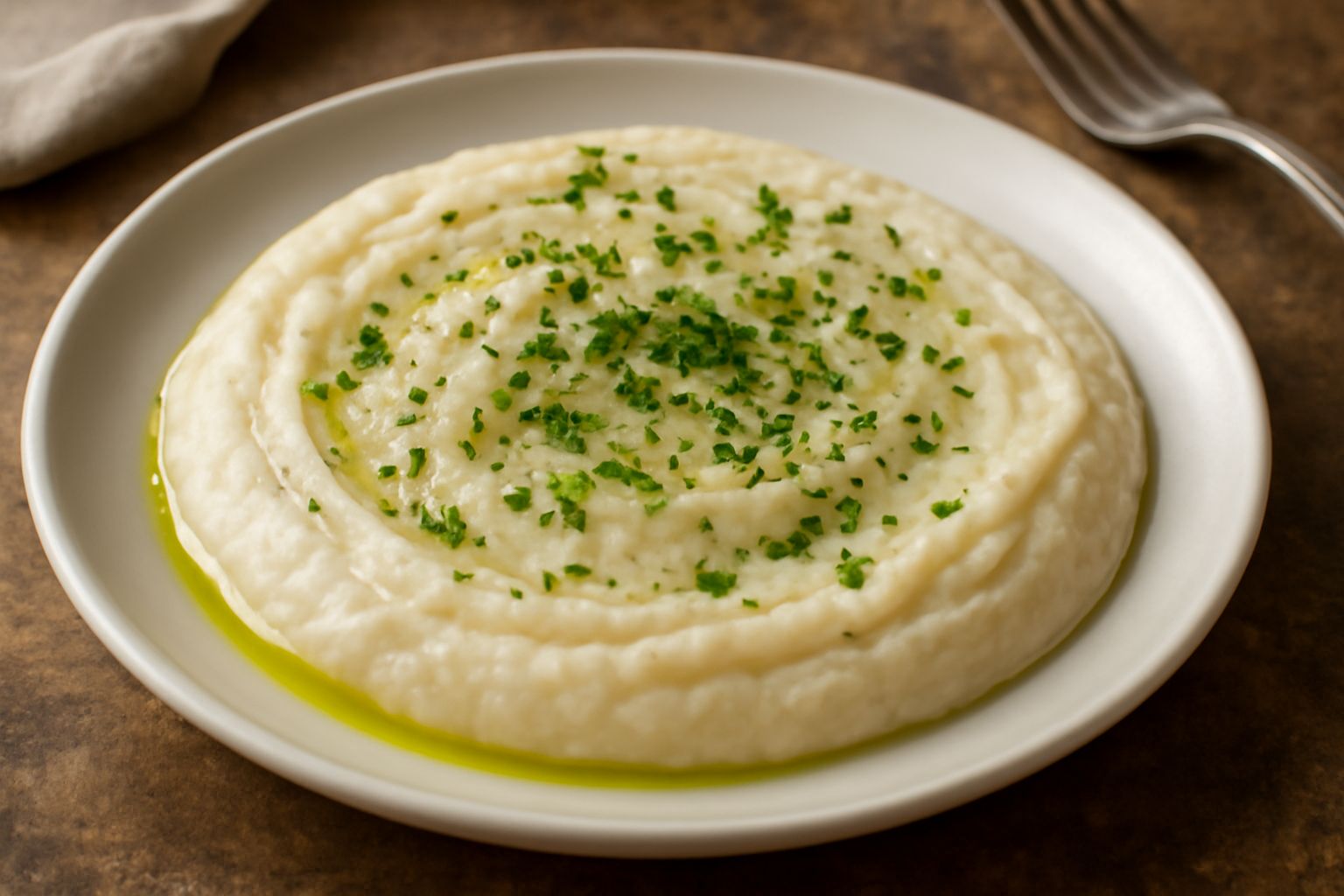 Brandacujun servito in piatto bianco, crema beige con striature di olio, superficie liscia con leggere ondulazioni, guarnito con prezzemolo fresco verde, contorno di pane tostato