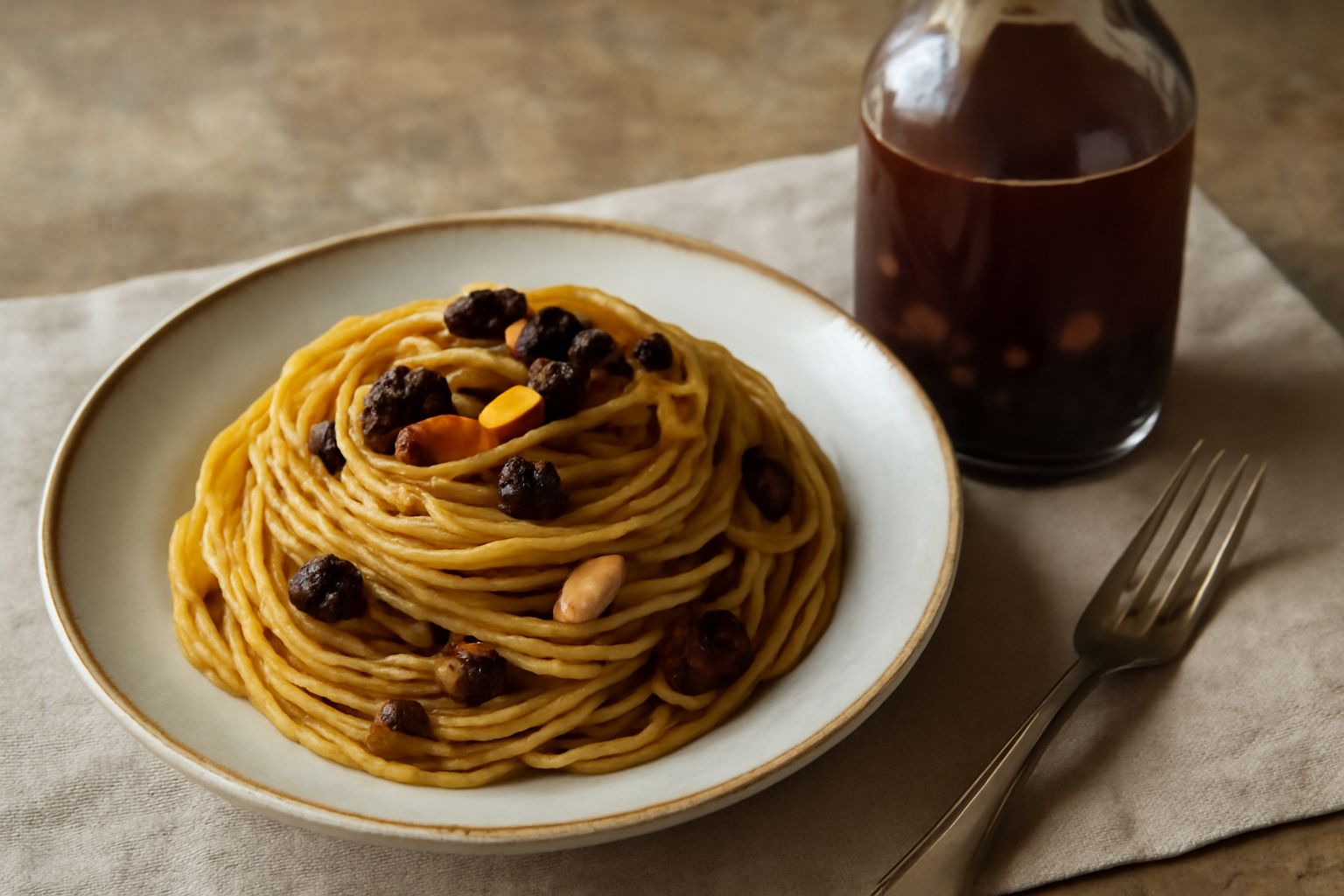Bottiglia di brandy di Portovenere con colore ambrato scuro, circondata da uva sultanina e nocciole sgusciate su un tavolo di legno rustico, con un bicchierino di liquore puro accanto