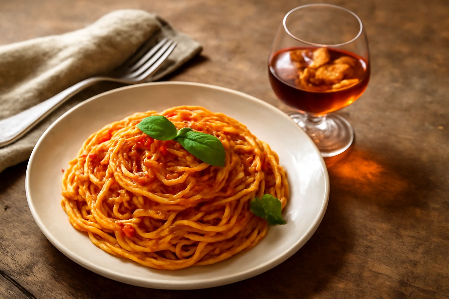 Una bottiglia di vetro scuro con brandy di vinaccioli di colore ambrato, accanto a una manciata di vinaccioli secchi e brunastri su una tavola di legno, con foglie di vite verde sullo sfondo