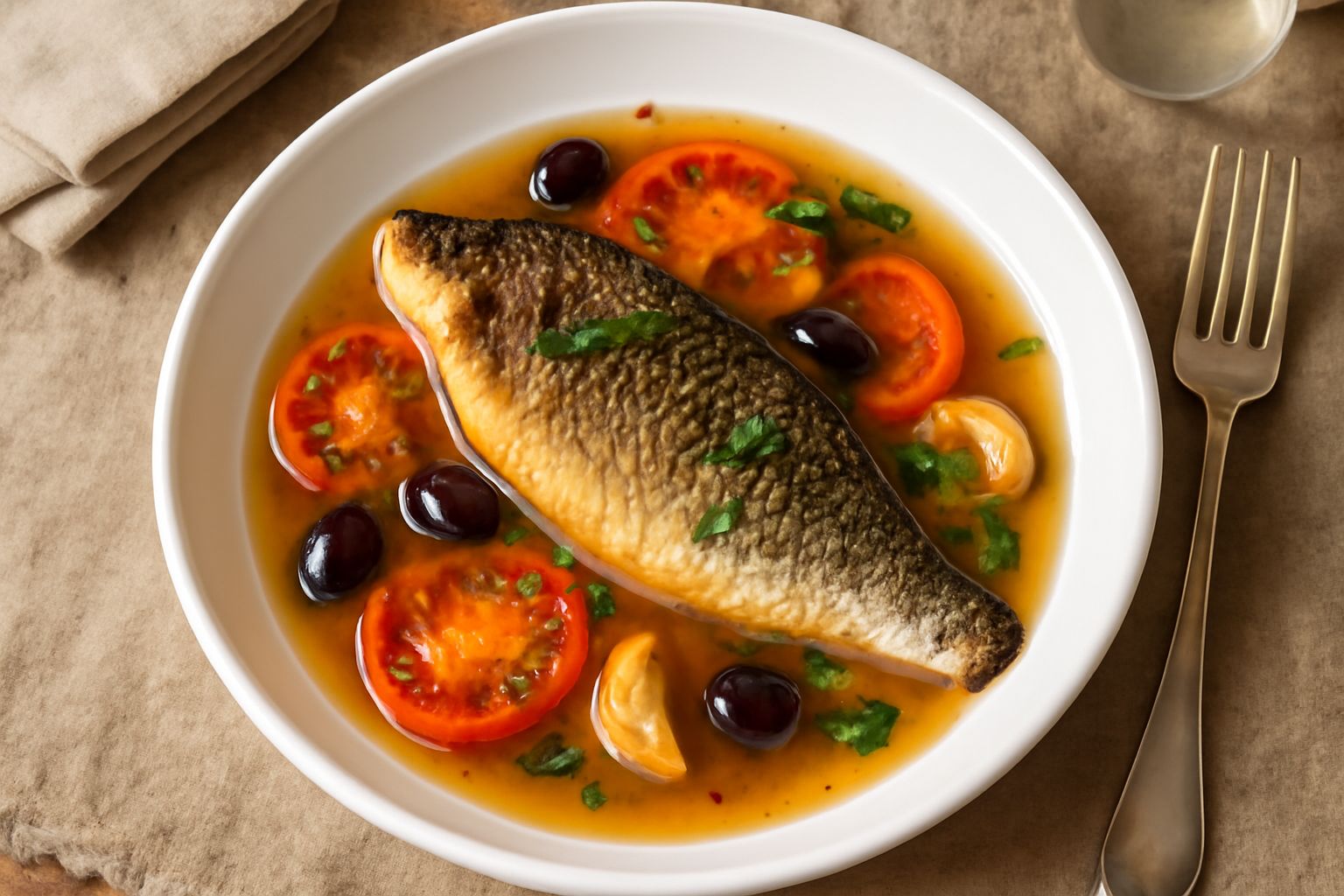 Due branzini interi cotti in un piatto fondo bianco con brodo trasparente, fettine di pomodoro, aglio dorato e prezzemolo fresco, contorno di pane tostato marrone chiaro