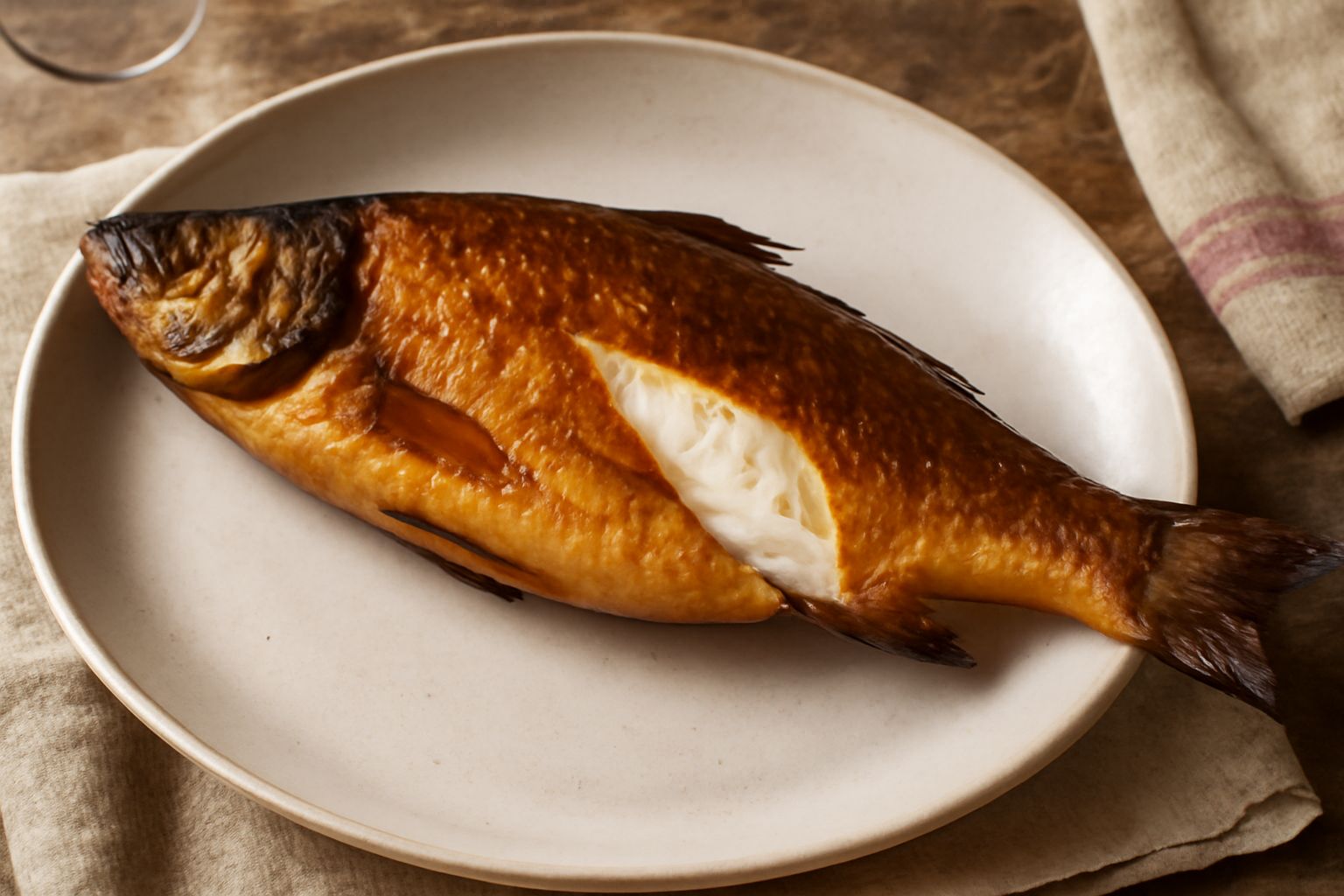 Filetto di branzino affumicato color dorato ambrato con striature marrone scuro, posato su un piatto bianco con limone tagliato e erba cipollina fresca, sfondo sfocato grigio
