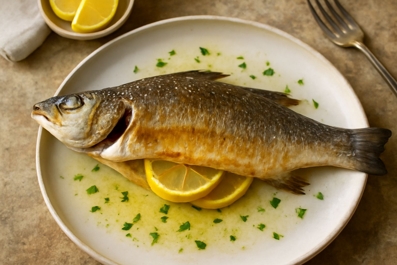 Branzino intero dorato al forno su piatto bianco, guarnito con spicchi di limone e prezzemolo fresco, con verdure grigliate sul fondo del piatto
