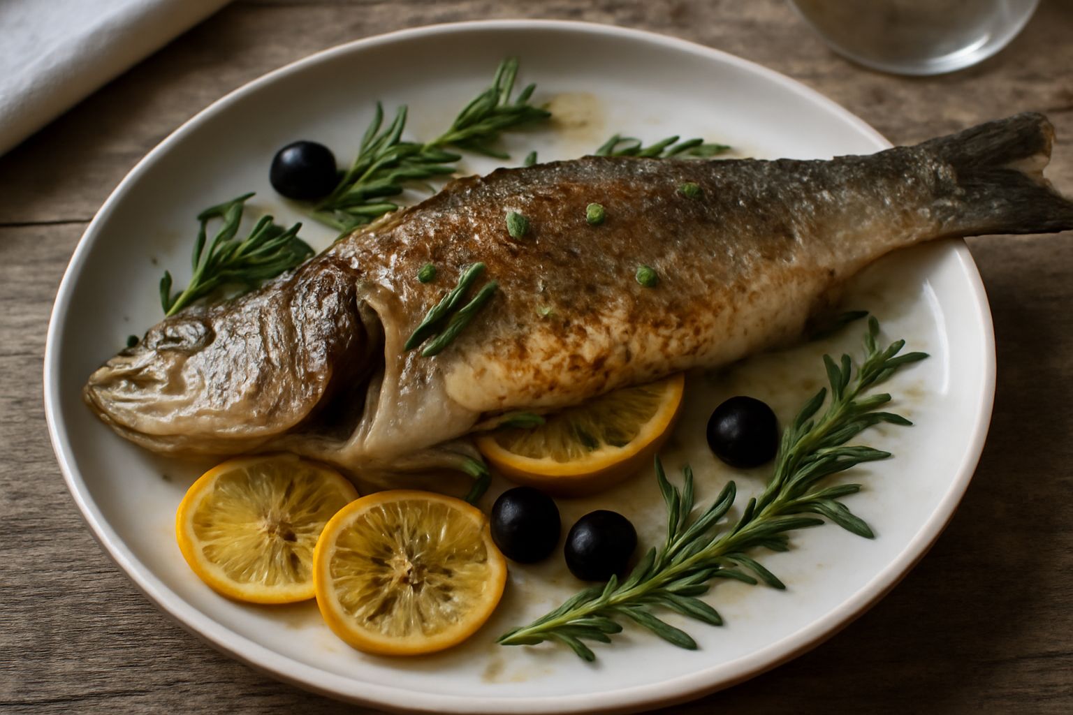 Branzino intero dorato e croccante in una teglia bianca, guarnito di rami di rosmarino e timo freschi, fettine di limone e olive nere, accanto un bicchiere di vino bianco