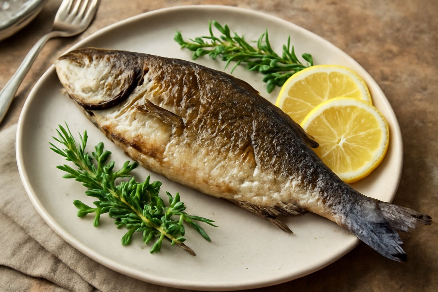 Branzino intero dorato al forno in piatto bianco, contornato da fette di limone e rametti di rosmarino fresco, con contorno di verdure grigliate sfocate sullo sfondo