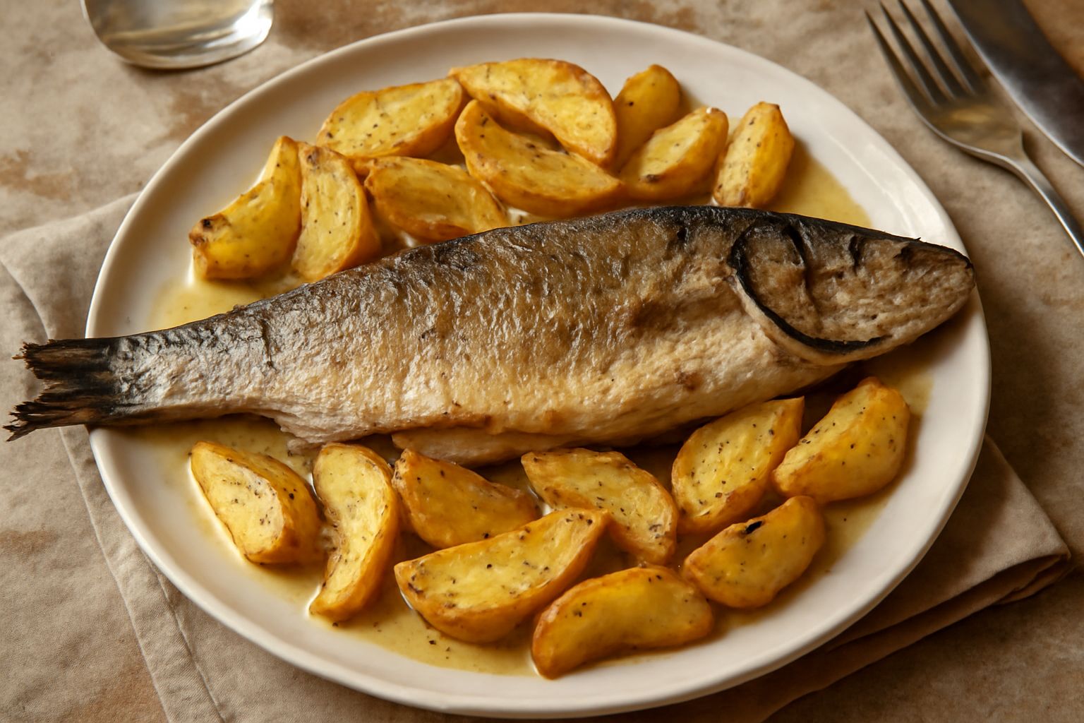 Branzino intero dorato al forno in una teglia bianca, circondato da patate tagliate a spicchi dorate e croccanti, guarnito con limone fresco e prezzemolo