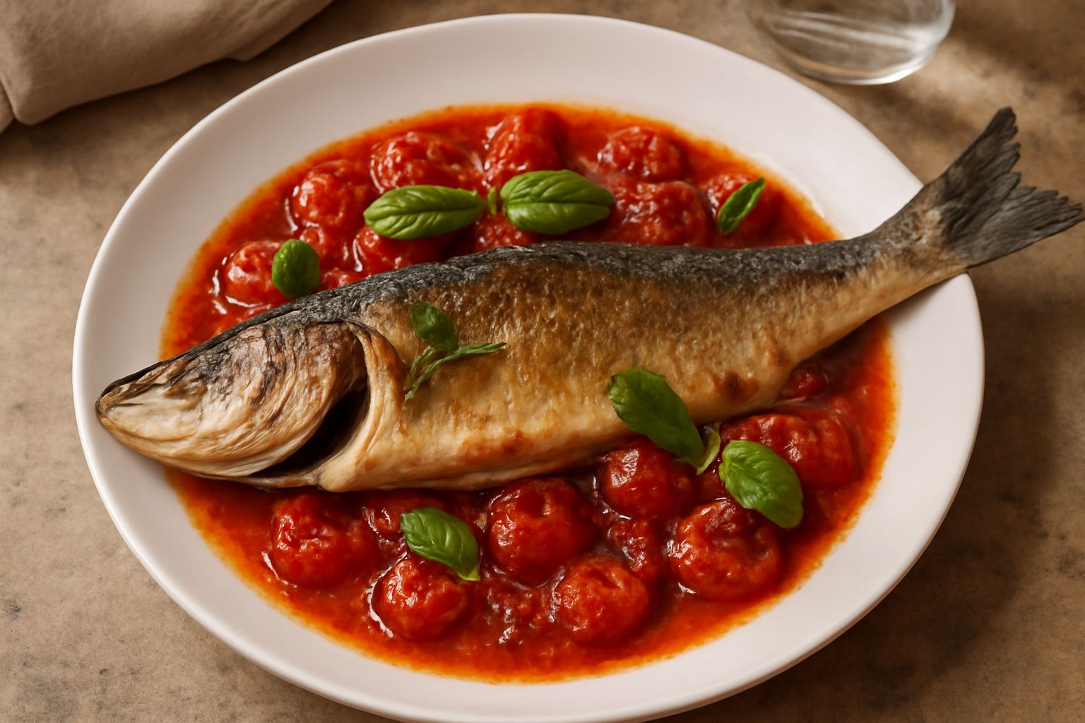 Branzino intero dorato e cotto al forno, circonato da pomodori rossi cotti e leggermente caramellati, olio verde, prezzemolo fresco, su piatto bianco, sfondo sfocato