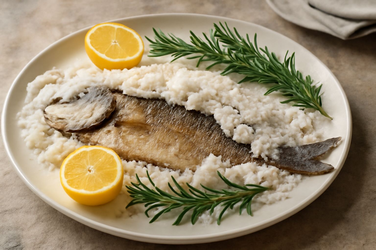 Branzino intero dorato e croccante appena estratto dal forno, ricoperto di crosta salata bianca scheggiata, guarnito con limone fresco a spicchi e rosmarino verde su piatto bianco