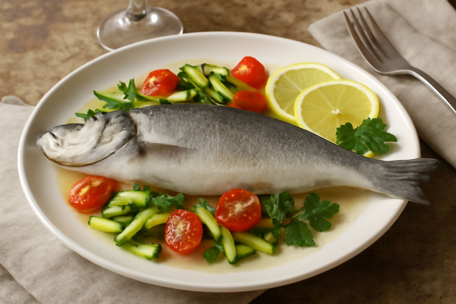 Branzino intero cotto al vapore su un letto di zucchine tagliate a bastoncini e pomodorini, contornato da fette di limone fresco e prezzemolo, nel piatto bianco