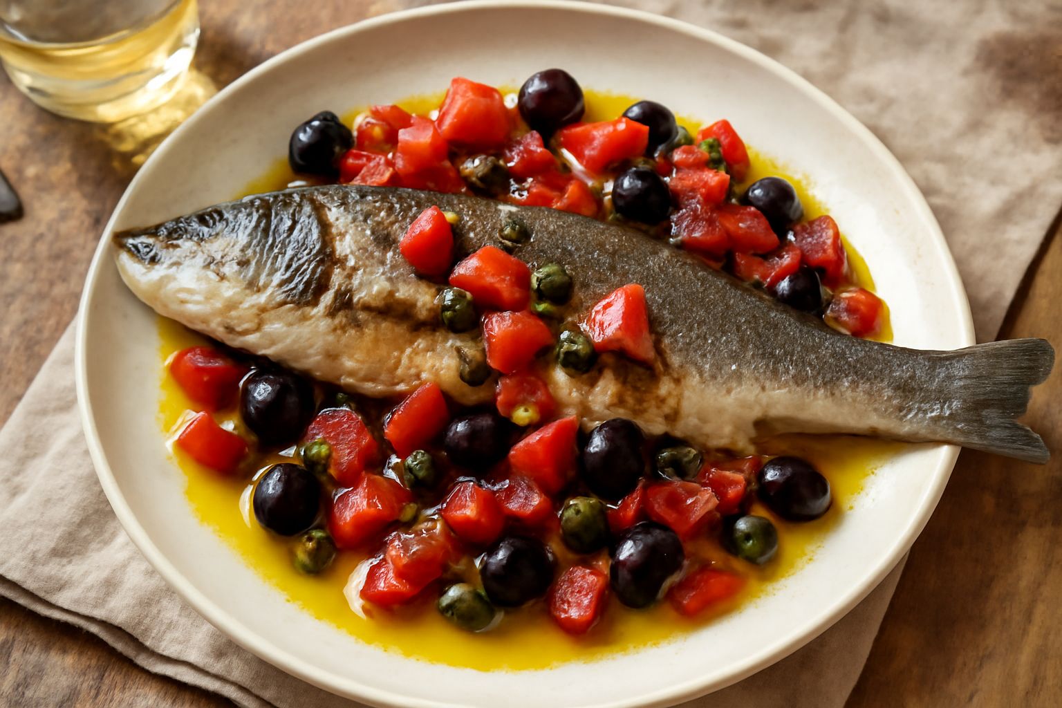 Branzino intero dorato al forno su piatto bianco, guarnito con pomodori rossi, olive nere, capperi verdi e prezzemolo fresco, contorno di limone