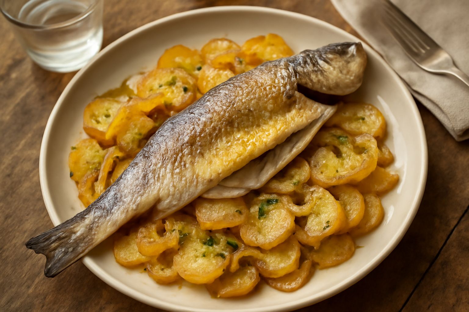 Branzino intero dorato in una pirofila di terracotta con patate tagliate, cipolla bianca e olio di oliva lucido, bordo del piatto con prezzemolo fresco