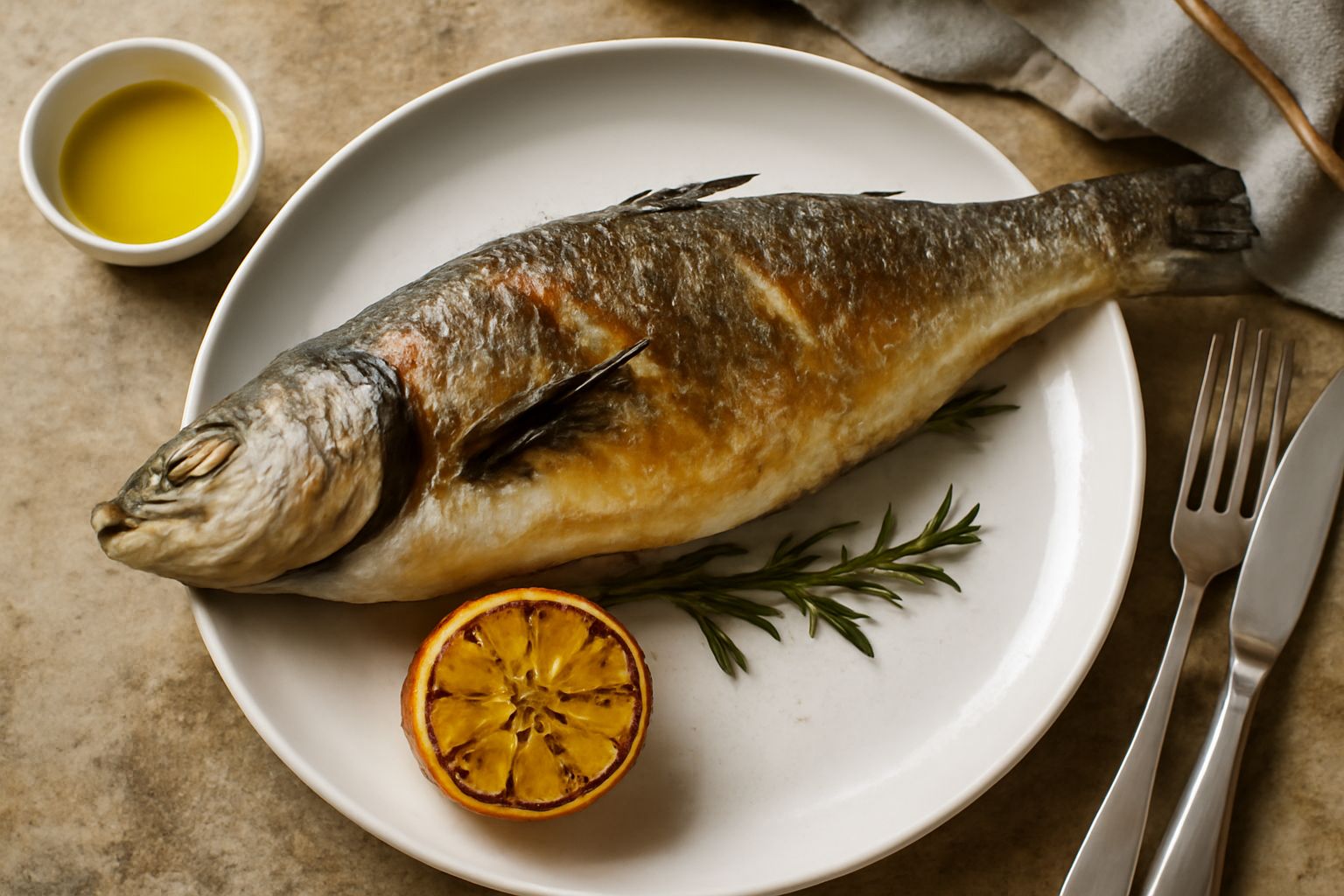 Branzino intero dorato sulla griglia con segni di cottura marcati, contorno di fette di limone gialle, erbe aromatiche fresche sul pesce, piatto bianco sullo sfondo