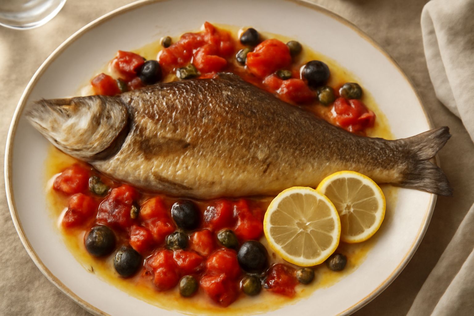 Branzino intero dorato al forno su un letto di pomodori rossi, olive nere e capperi, servito in piatto bianco con limone fresco affettato sui lati