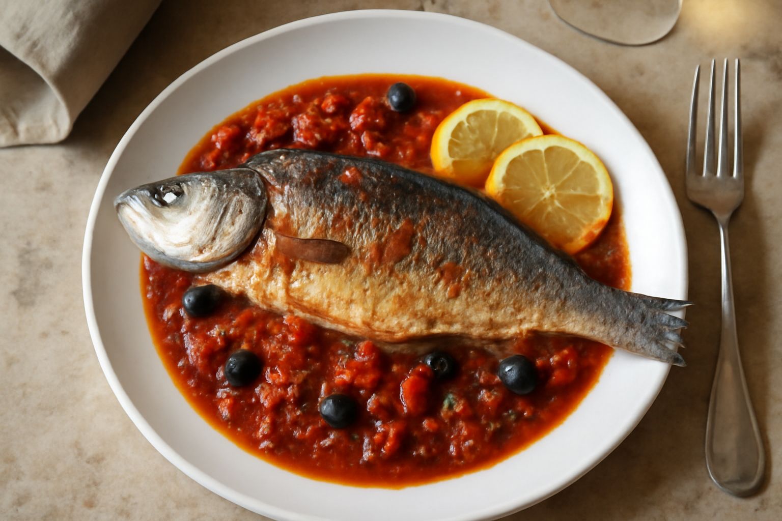 Branzino intero dorato al forno in una teglia bianca, circondato da pomodori rossi, olive nere e capperi verdi, con limone a fette, erbe aromatiche fresche